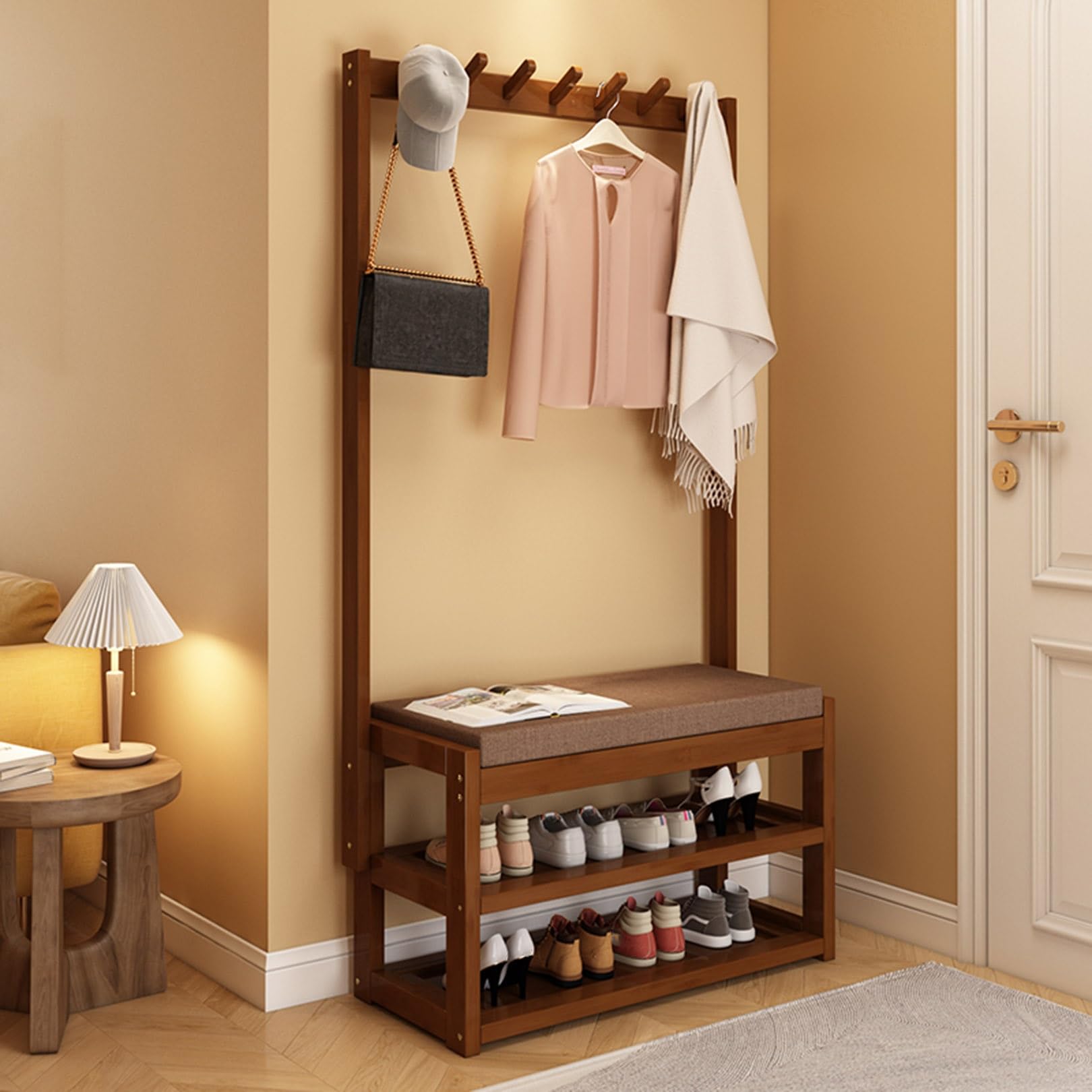 Perchero con banco y zapatero compacto de 50 cm con colgadores superiores para dormitorio