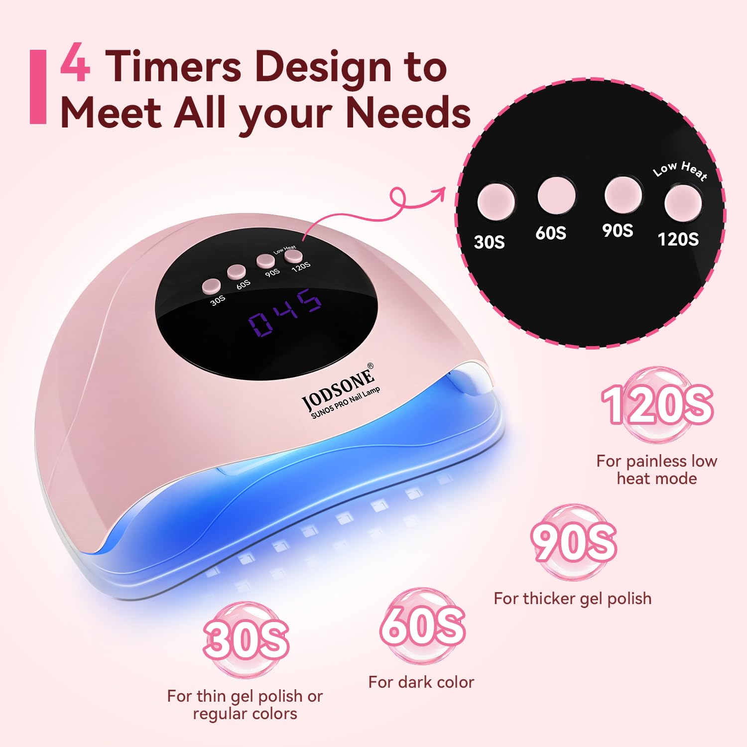 JODSONE Lámpara de uñas semipermanentes UV LED, Lámpara de uñas portátil con sensor automático 4 temporizadores, secador de esmalte en gel para salón y hogar, herramienta de manicure rosa