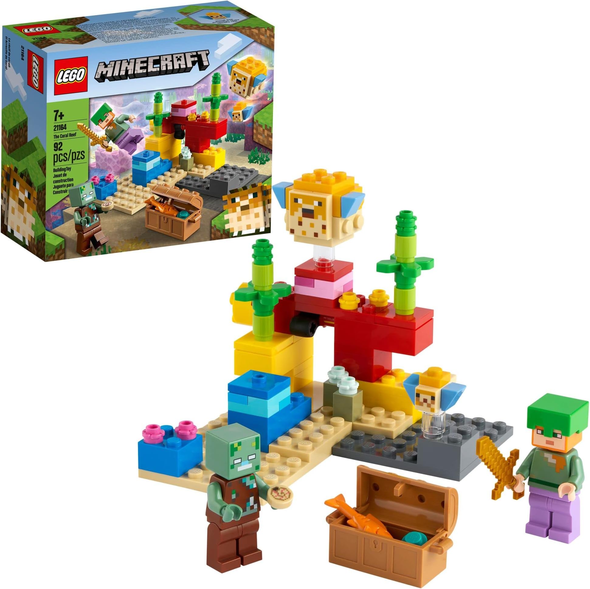 Minecraft The Coral Reef 21164 Hands-On Minecraft Marine Toy Featuring Alex, A Drowned And 2 Cool Puffer Fish, New 2021 (92 Pieces)