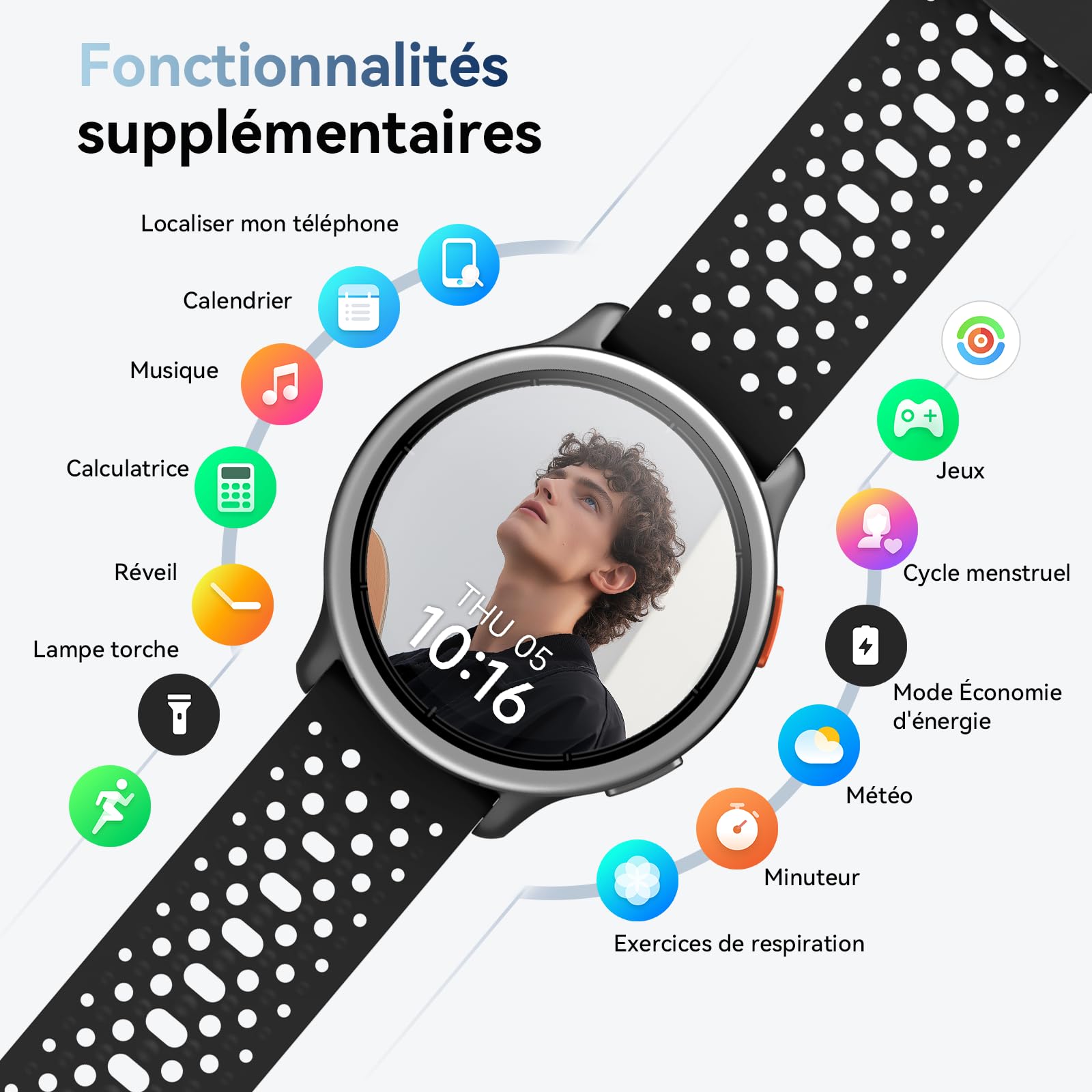 Montre Connectée Homme Femme Ronde 1.27'' Smartwatch 2 Bracelet 120+ Modes Sport 250+ Cadran Etanche 3ATM Fréquence Cardiaque/SpO2/Sommeil Podomètre Fitnes Watch pour Android Samsung iPhone Noir