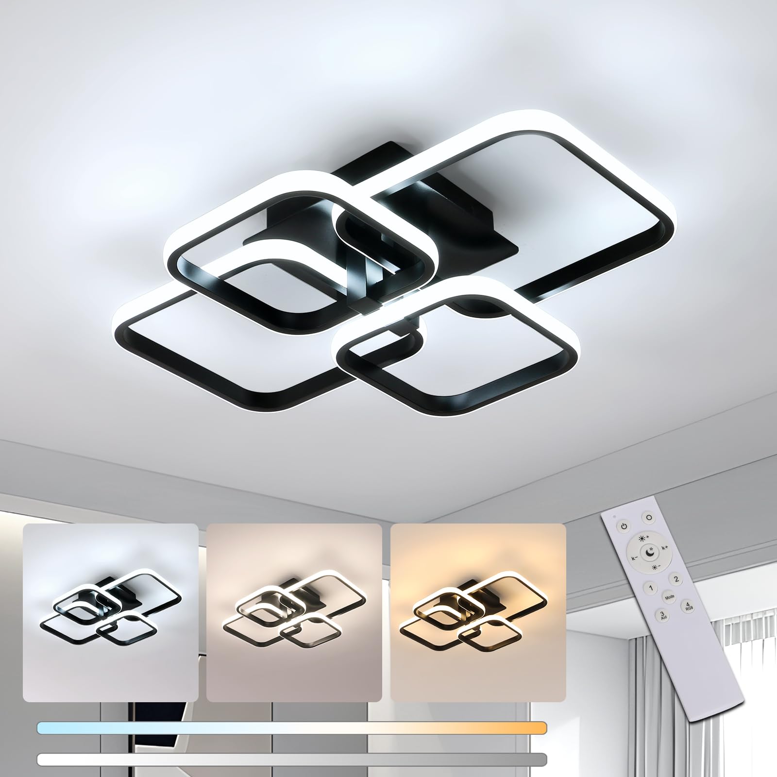 Comely Plafonnier LED Dimmable avec Télécommande, 48W Luminaire Plafonnier | 5400LM Éclairage de Plafond pour Chambre à Coucher Salle, 3000K-6500K