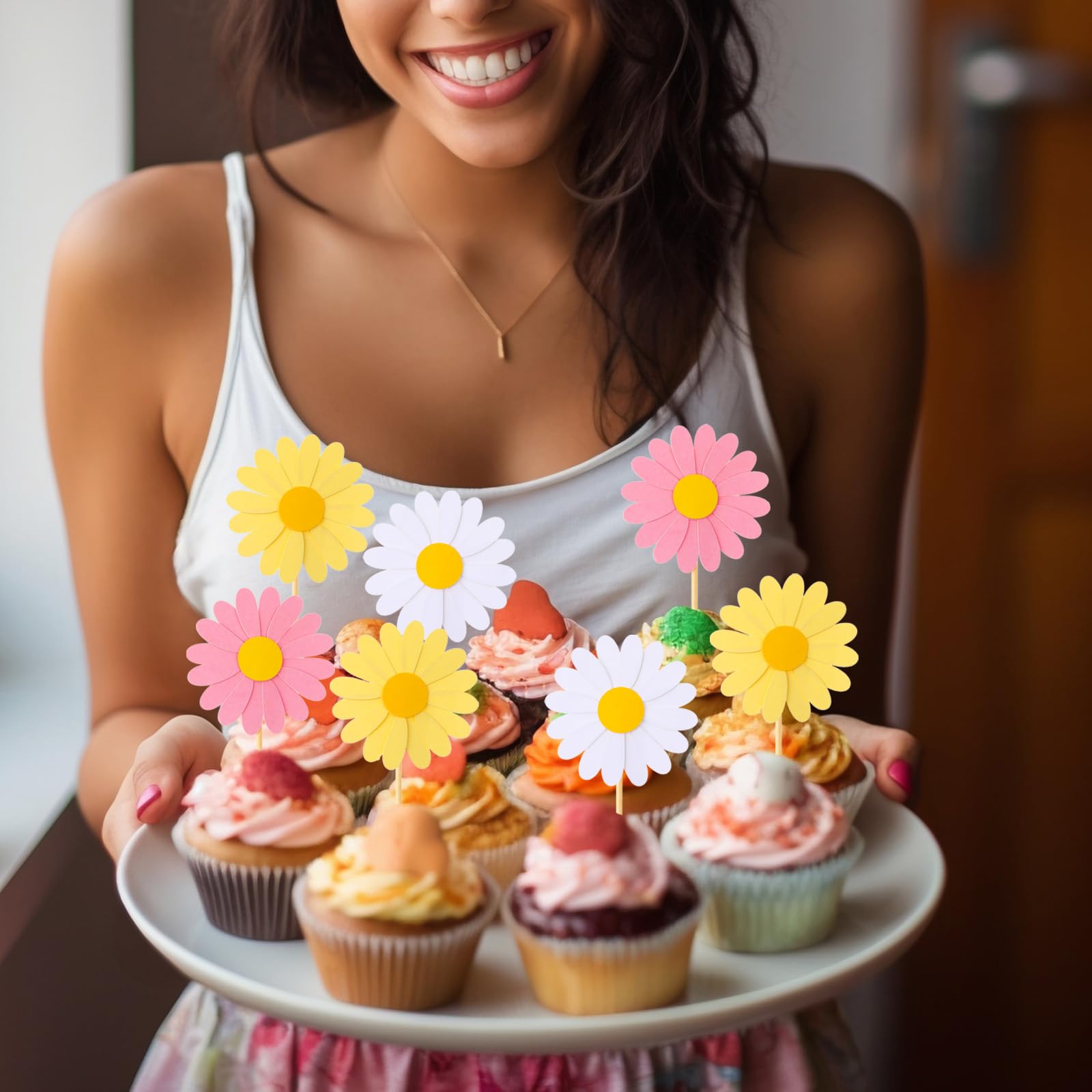 24 Stück Cupcake-Topper Mit Gänseblümchen-Motiv – Papier, 12 Cm, Für Hochzeit & Geburtstag (Rosa, Weiß, Gelb)