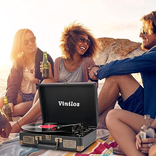 Miniatura 6 de Reproductor de discos de vinilo con Bluetooth y altavoces integrados, tocadiscos portátil de 3 velocidades para discos de vinilo, diseño de maleta