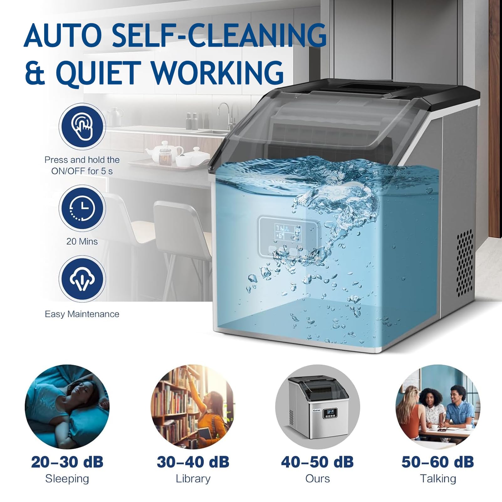 Produttore di Ghiaccio 30Kg/24h, Macchina del Ghiaccio dell'Acciaio Inossidabile, Serbatoio 2.2L, Produttore di Cube Auto-pellenti con Scoop e Cestino per L'Ufficio Bar della Cucina Domestica, Design