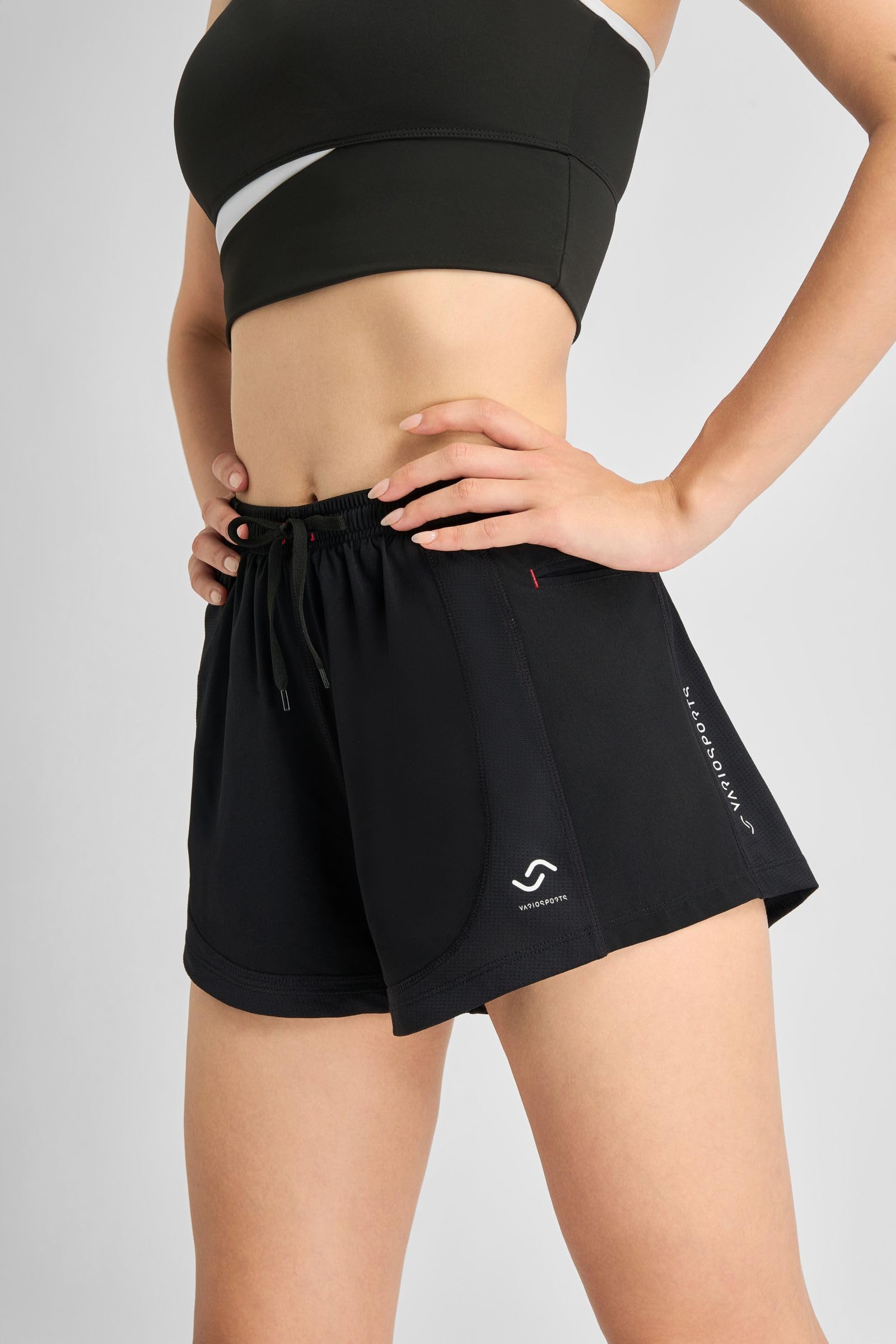 Pantaloncini corti da donna 2 in 1 con pantaloni interni e tasca laterale per cellulare, pantaloni corti da corsa, traspiranti, antiscivolo, L, nero