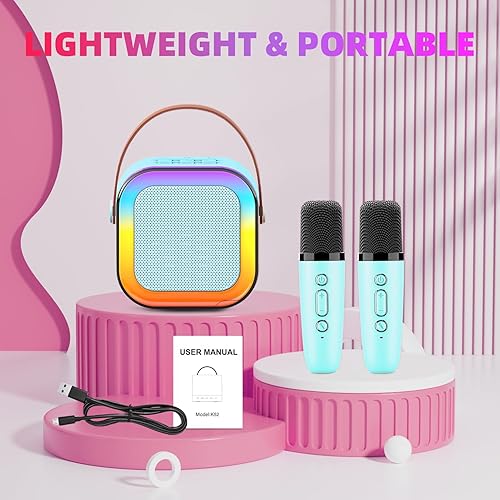 Miniatura 3 de Eimterlan Máquina de karaoke para niños, máquina de karaoke para niñas con 2 micrófonos inalámbricos, mini altavoz Bluetooth portátil para niños,