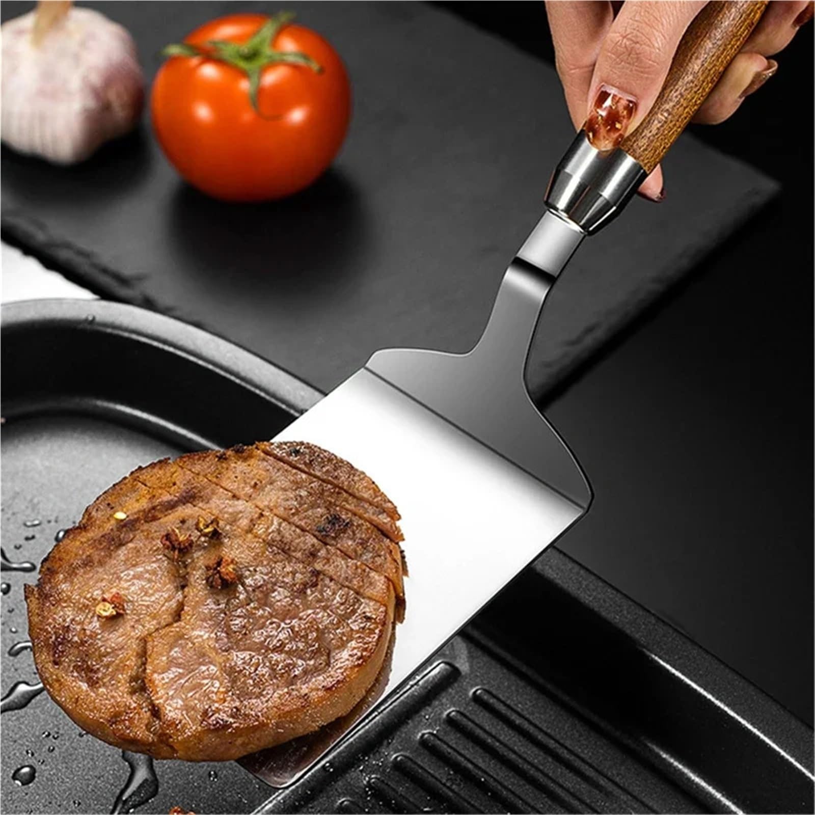 2 Stück Edelstahl-Steak-Kochspatel mit quadratischem Kopf Für Küchen Und Schränke | Pizzaschaufel, Pfannkuchen, Rindfleischwender, Schaber, Holzgriff, Grillutensilien for die Küche