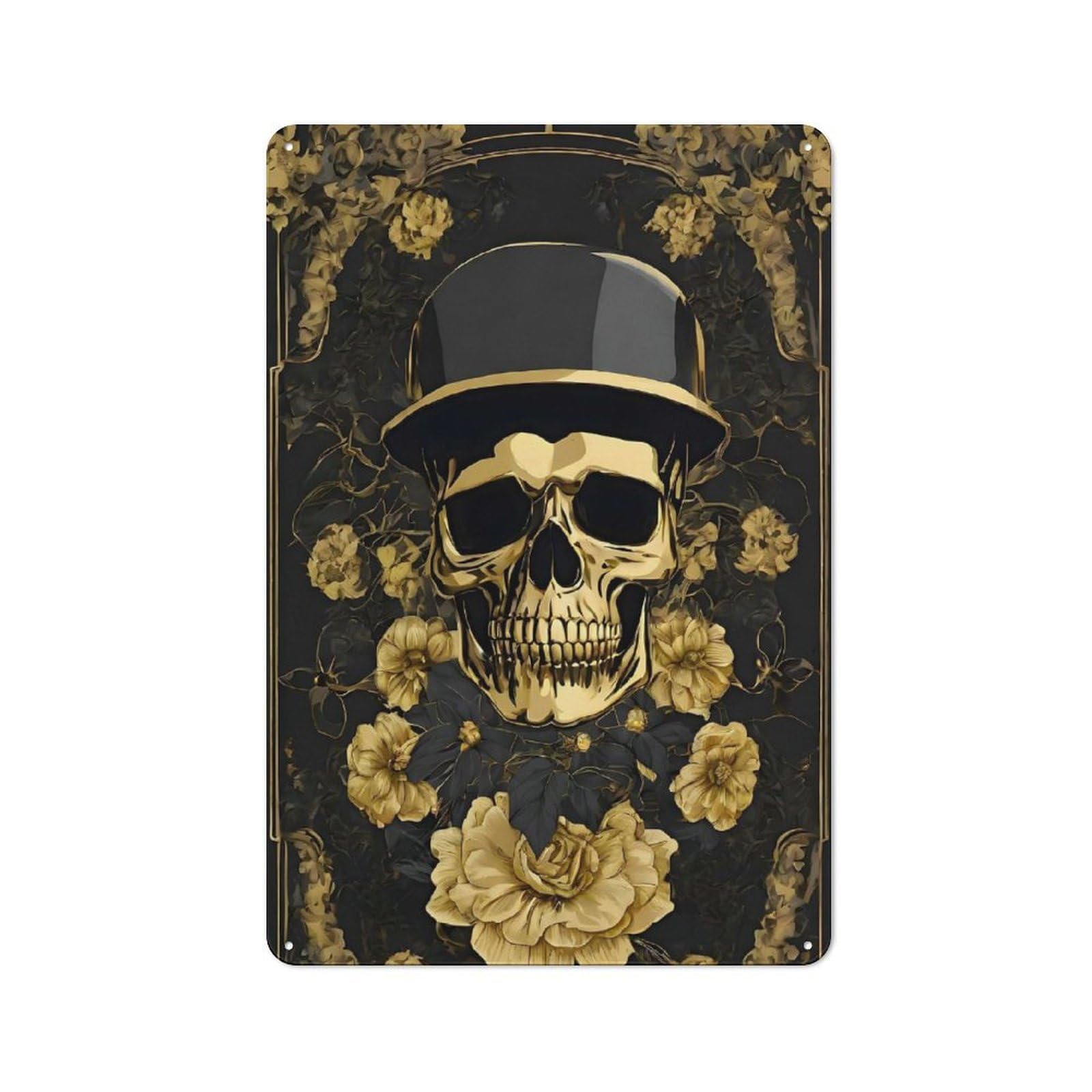 Metal Wall Sign 30x20cm Featuring Black Gold Skull Army Art for Garage Or Workshop, for Garage, Workshop And Man Cave Decoration