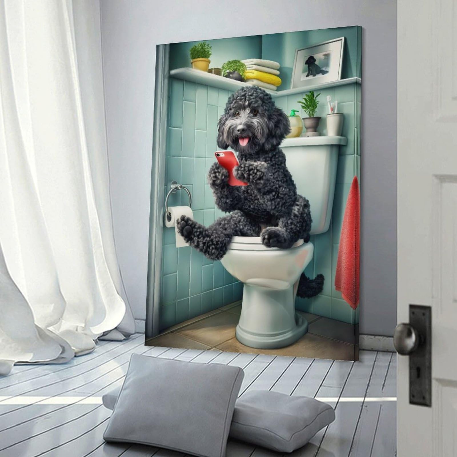 Junmoney Frame-Style-10 Black Cockapoo Bathroom Decorative Canvas Print, 20X30inch(50X75cm), For Contemporary Homes, Apartments Or Offices, Home Artwork For Modern Interiors