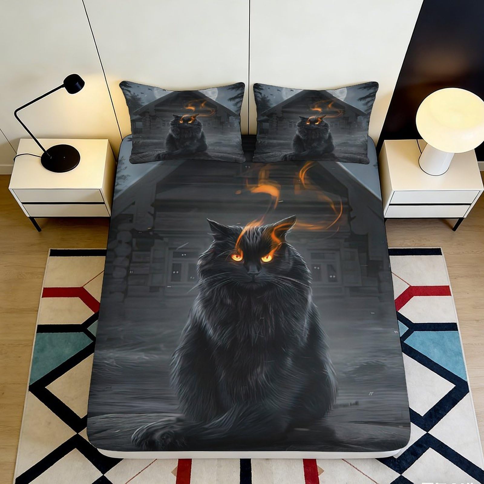 3D Printed Fiery Black Cat Fitted Sheet Microfiber Soft Bedroom Decor Gothic Cat Mattress Cover 90x200x25cm