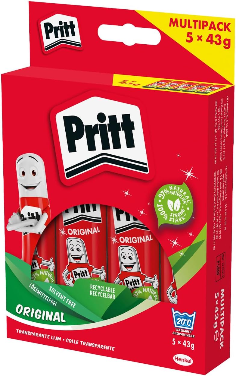 Klebestift, sicherer und kinderfreundlicher Bastelkleber für Kunst und Bastelarbeiten, starker Kleber für Schule & Bürobedarf, 5x43g Pritt Stift