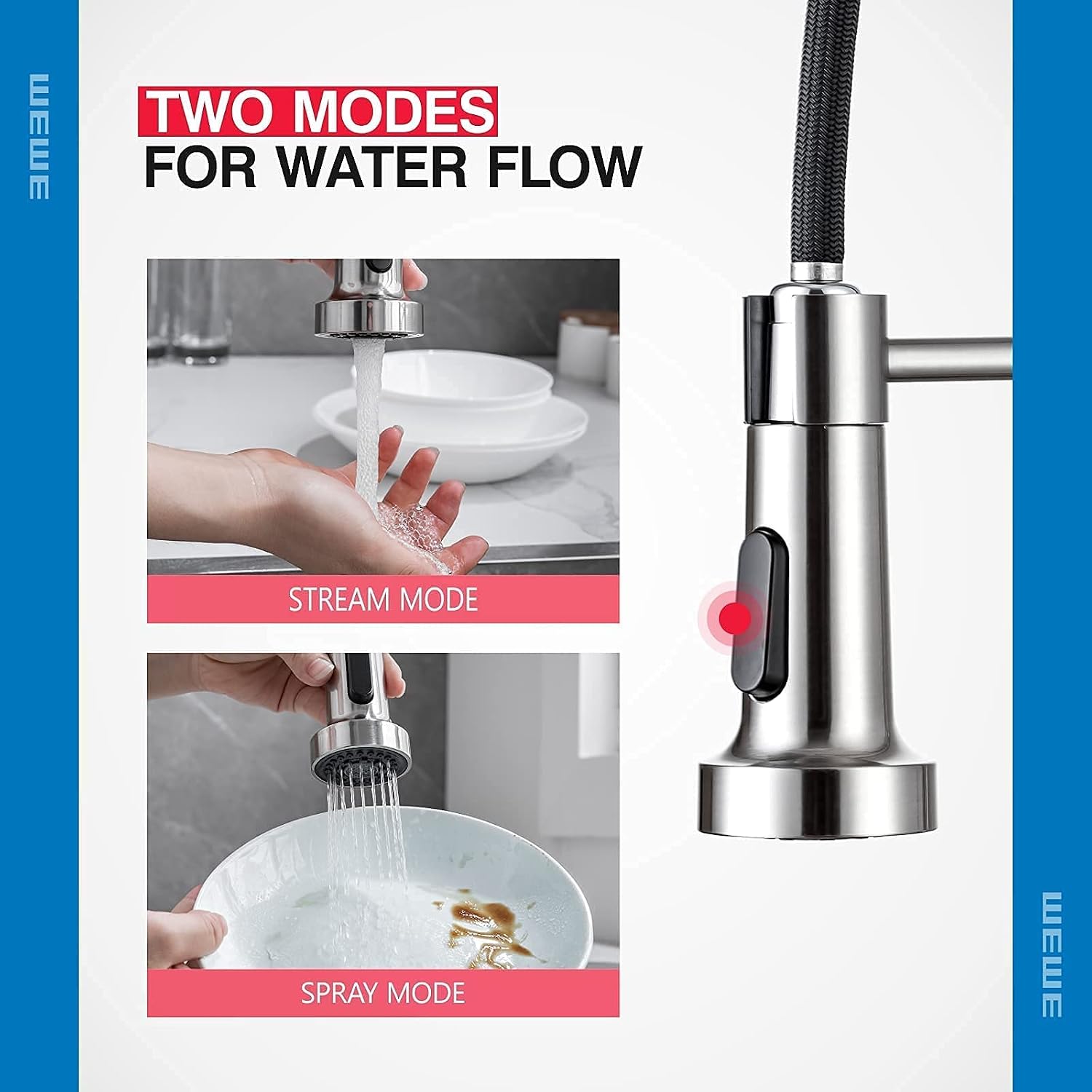 Kitchen Sink Faucet, Kitchen Faucets with Pull Down Sprayer WEWE Stainless Steel Single Handle Single Hole Brushed Nickel Commercial Industrial Spring Pull Out Kitchen Faucet with Adapter