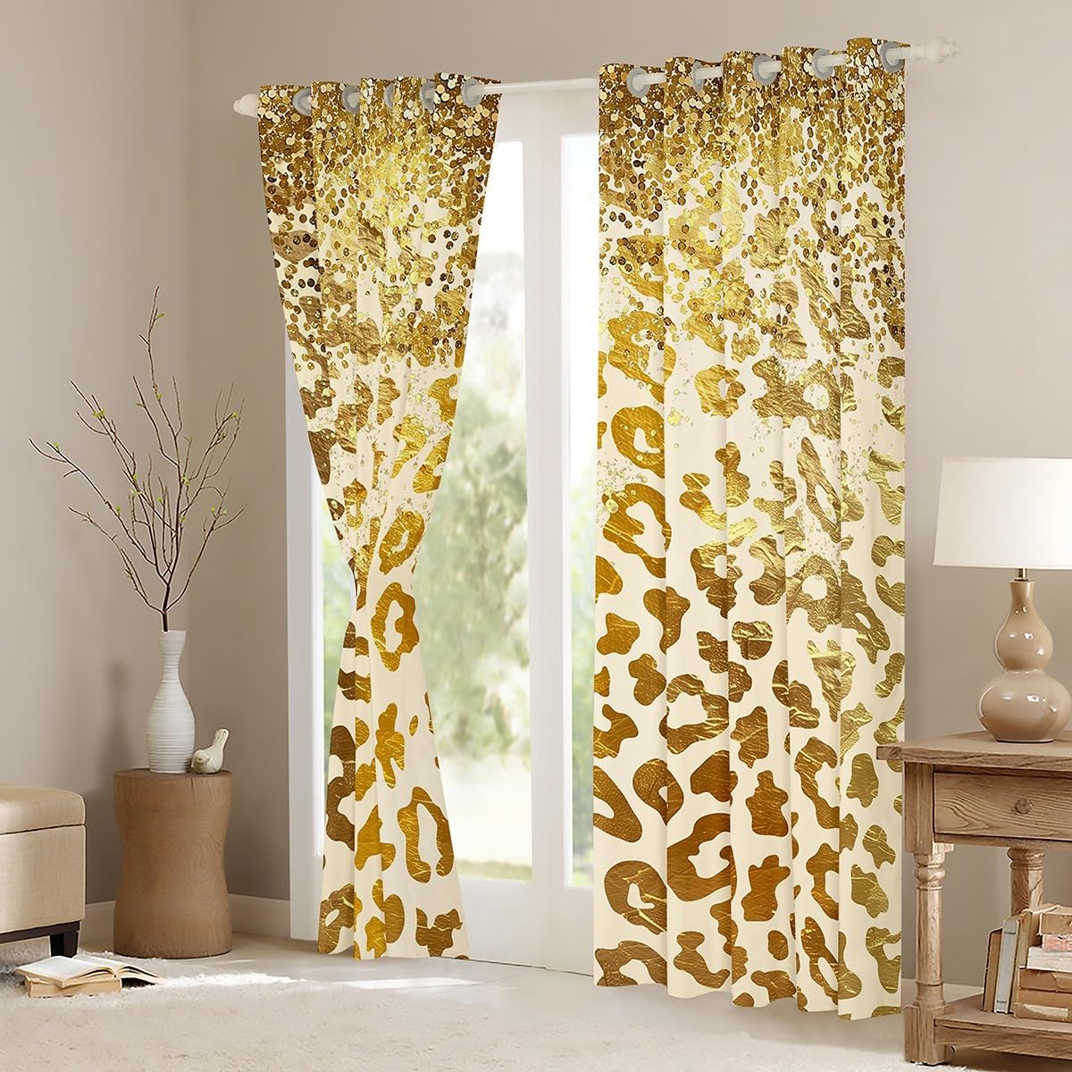 Manfei Kids Gold Leopard Blackout Curtain Gold Sequins Glitter Print Window Drapes for Boy Girls, Wild Animal Fur Print Window Treatments Grommet Top 2 Panel Set Bedroom Curtains, 52Wx96L inch