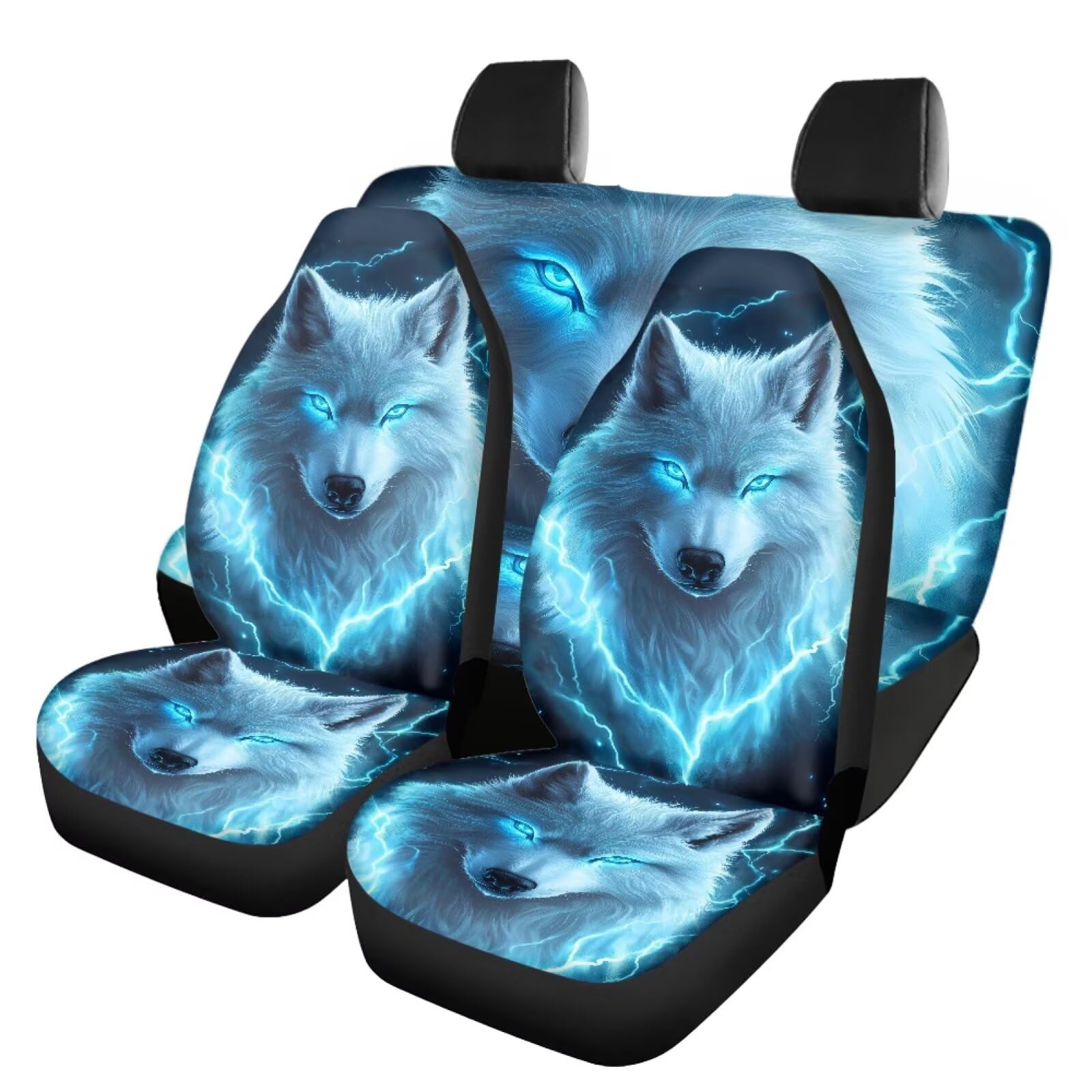 Lot de 4 housses de siège de voiture avant et arrière avec imprimé loup bleu fluo - Accessoires d'intérieur de voiture pour femme