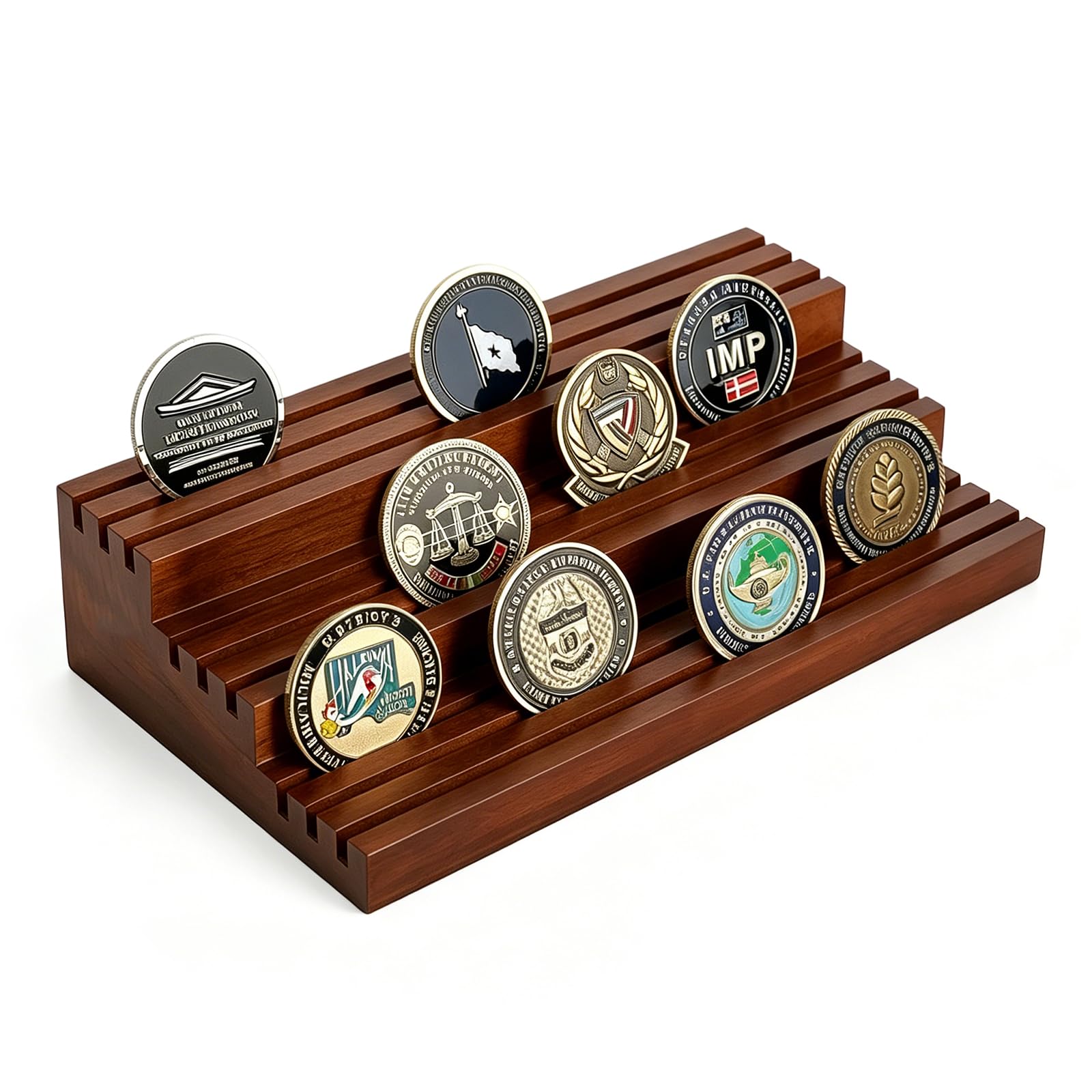 3-Stufig Münzhalter Holz: Massivholz Coin Display, 27*15*6cm Handgefertigter Münzen Ständer, Display Ständer für 15-18 Münzen, Medaillenhalter für Sammel- und Ausstellungszwecke