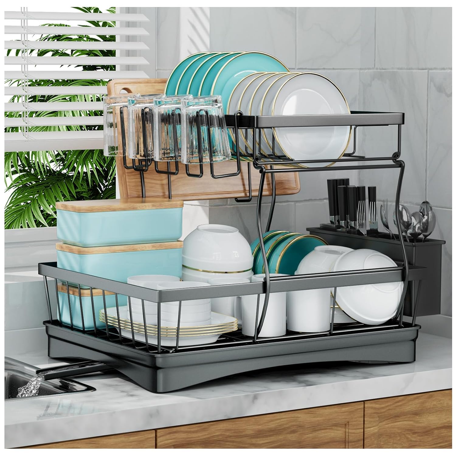 HROY 2-Tier Dish Drying Rack with Drainboard, Utensil Holder & Cup Rack | Large Capacity Kitchen Dish Drainer for Plates, Bowls, Cups, Containers | Rust-Resistant, Space-Saving (Black 2025, 2 Layer)-image-10