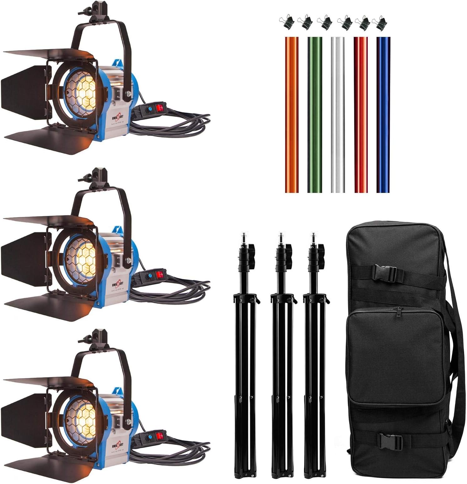 3 × 300W/ 500W Movie Fresnel Tungsten Spotlight Lighting Dimmer Video Lighting Kit with Padded Bag Light Stand Gels, for Professional Photography YouTube Product Photography Microfilm Shooting