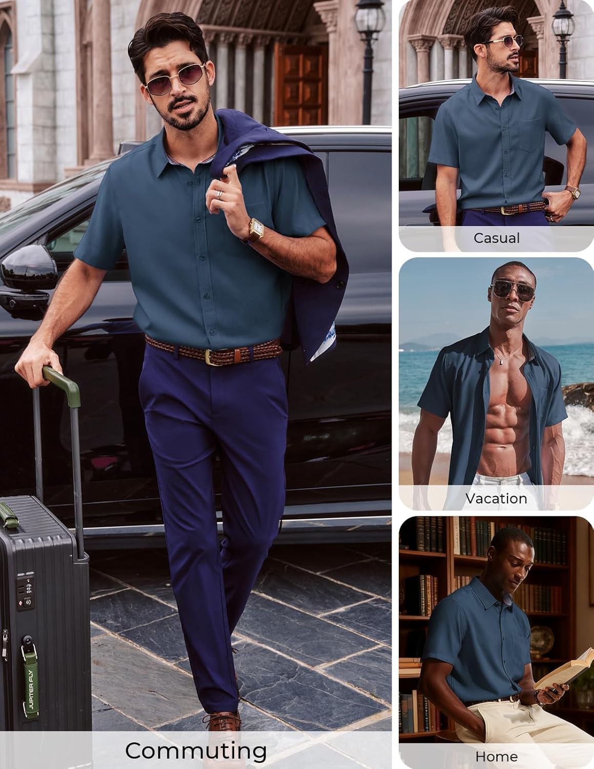 PJ PAUL JONES Mens Dress Shirt Casual Untucked Shirts Short Sleeve Button Down Shirt with Pocket - Image 2