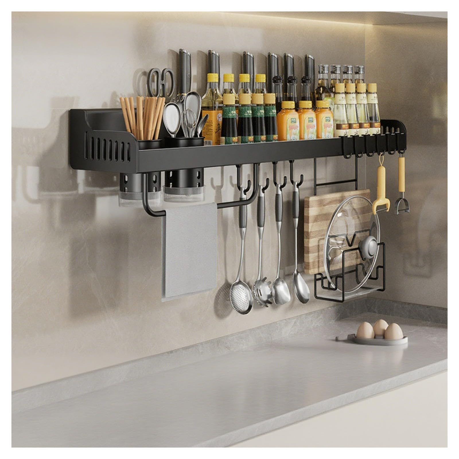 HADECOLL Kitchen Spice Rack Organizer With Hooks, Knife Holder, Carbon Steel Shelf For Spatulas, Towels, Spice Jars, Black,Black-60cm