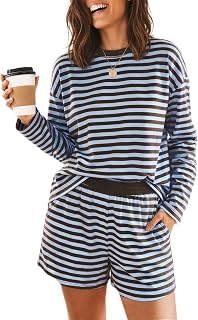 Imily Bela Striped 2 Piece Short Sets for Women Casual Lounge Outfits | Long Sleeve and Shorts，Side Pockets，Elastic Waist，Comfy Sets，Travel Outfits，Pajamas for Women