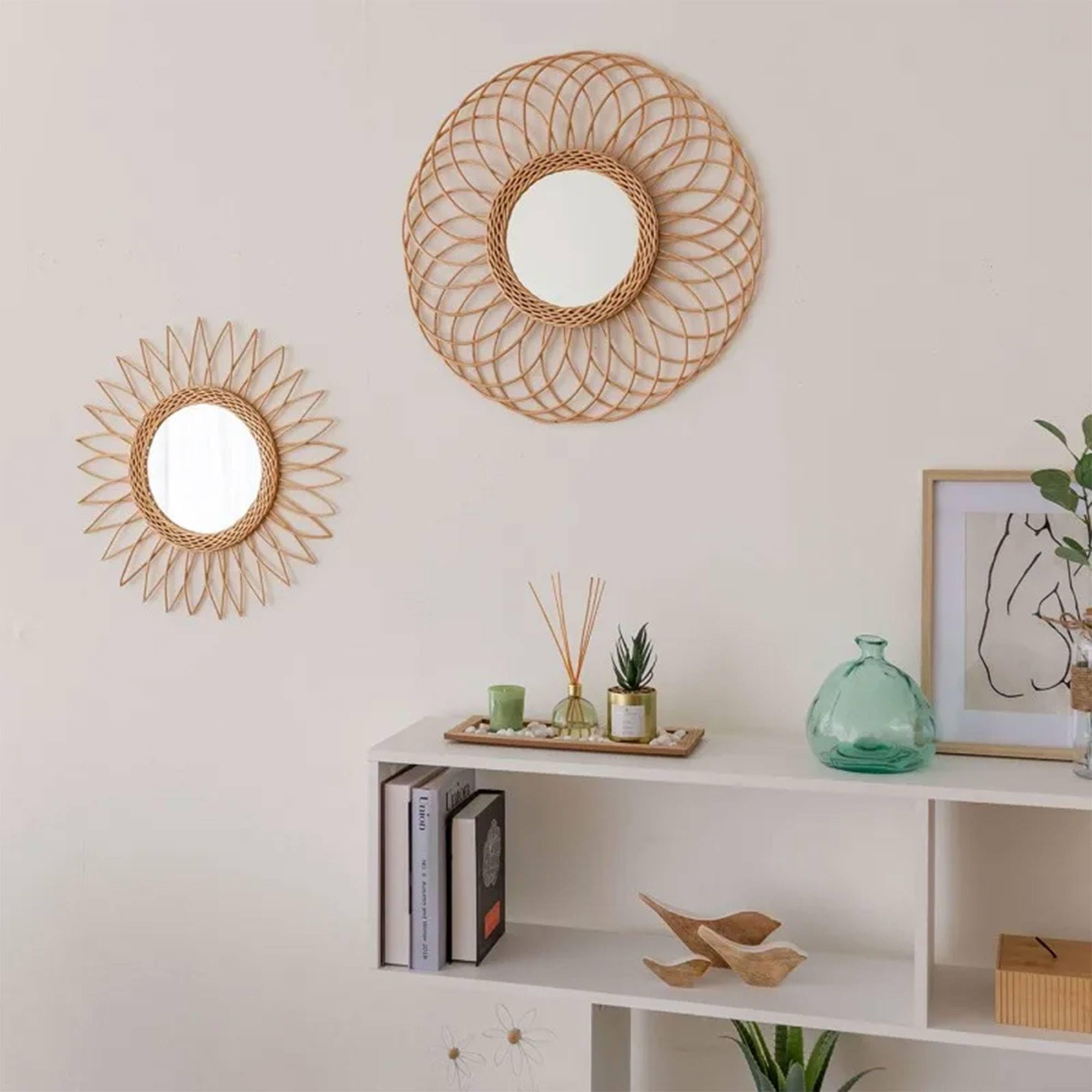 Well Home Miroir en rotin de Soleil avec Design Tranchant à l'extérieur Ø50 cm