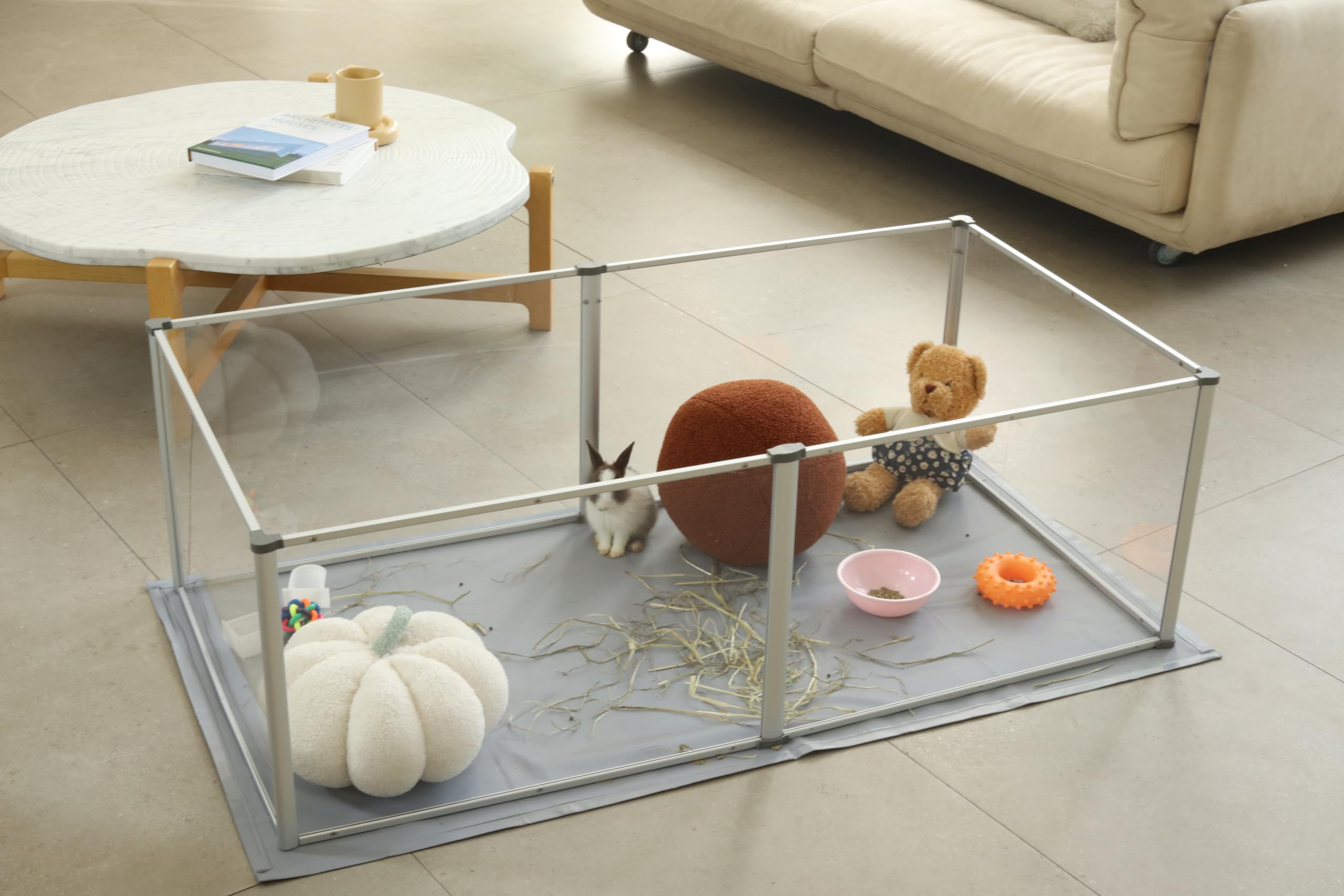 BingoPaw Jaula para Animales Pequeños Parque Paridera Conejos Hamster con Suelo de PVC Impermeable Accesorios Cobayas Casa Mascotas Interior Corral Cerca Transparente Acrílico con Marco Alumnio