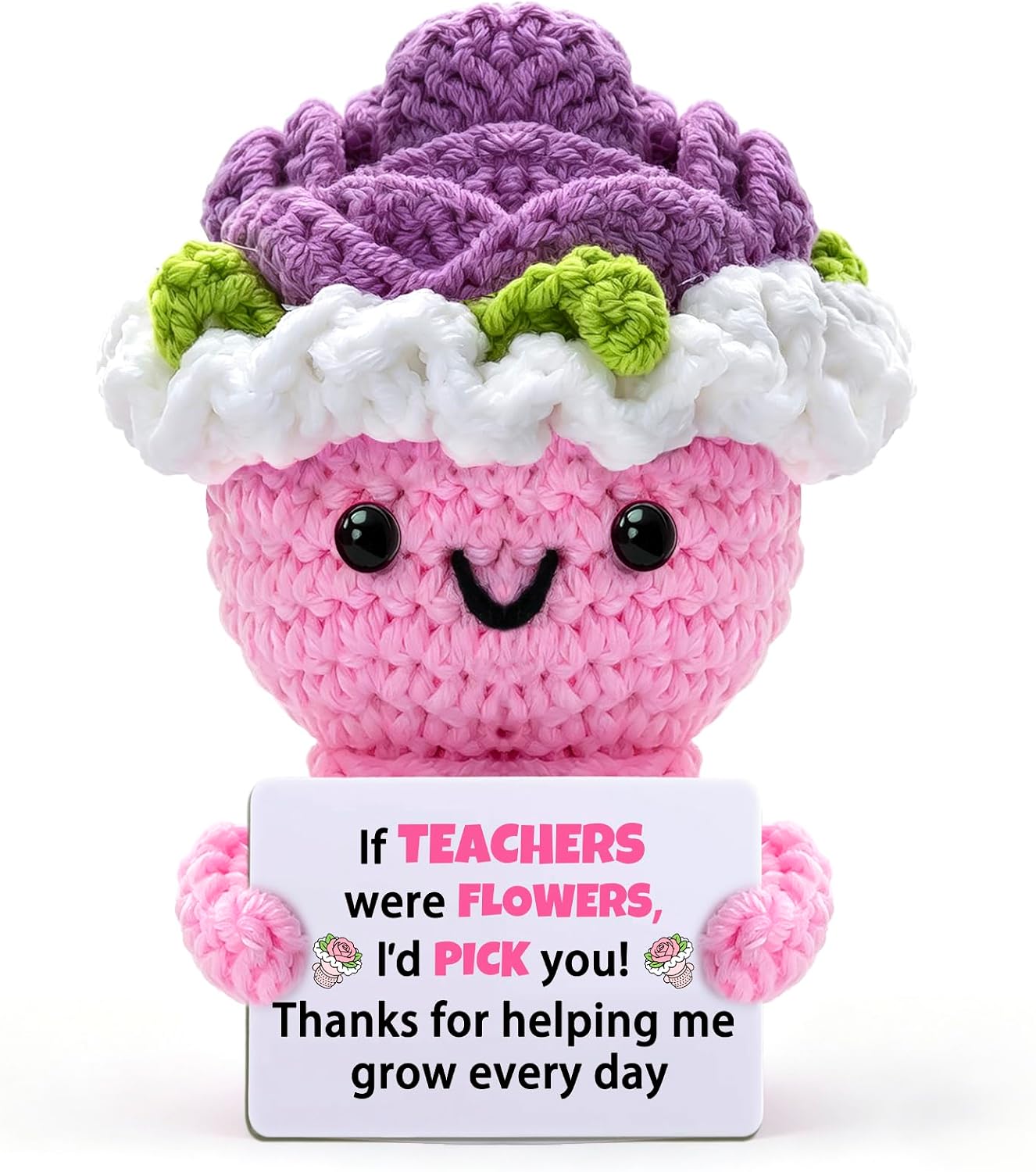 Pink Teacher Appreciation Gifts for Women Handmade Crochet Flower Bouquet with "Helping Me Grow" Cute Knitted Desk Decor, End of Year Thank You, Retirement & Birthday Gift for Preschool Kindergarten