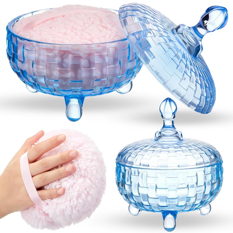 Tioncy Conjunto com 2 puffs para pó e pote de vidro azul com design trançado