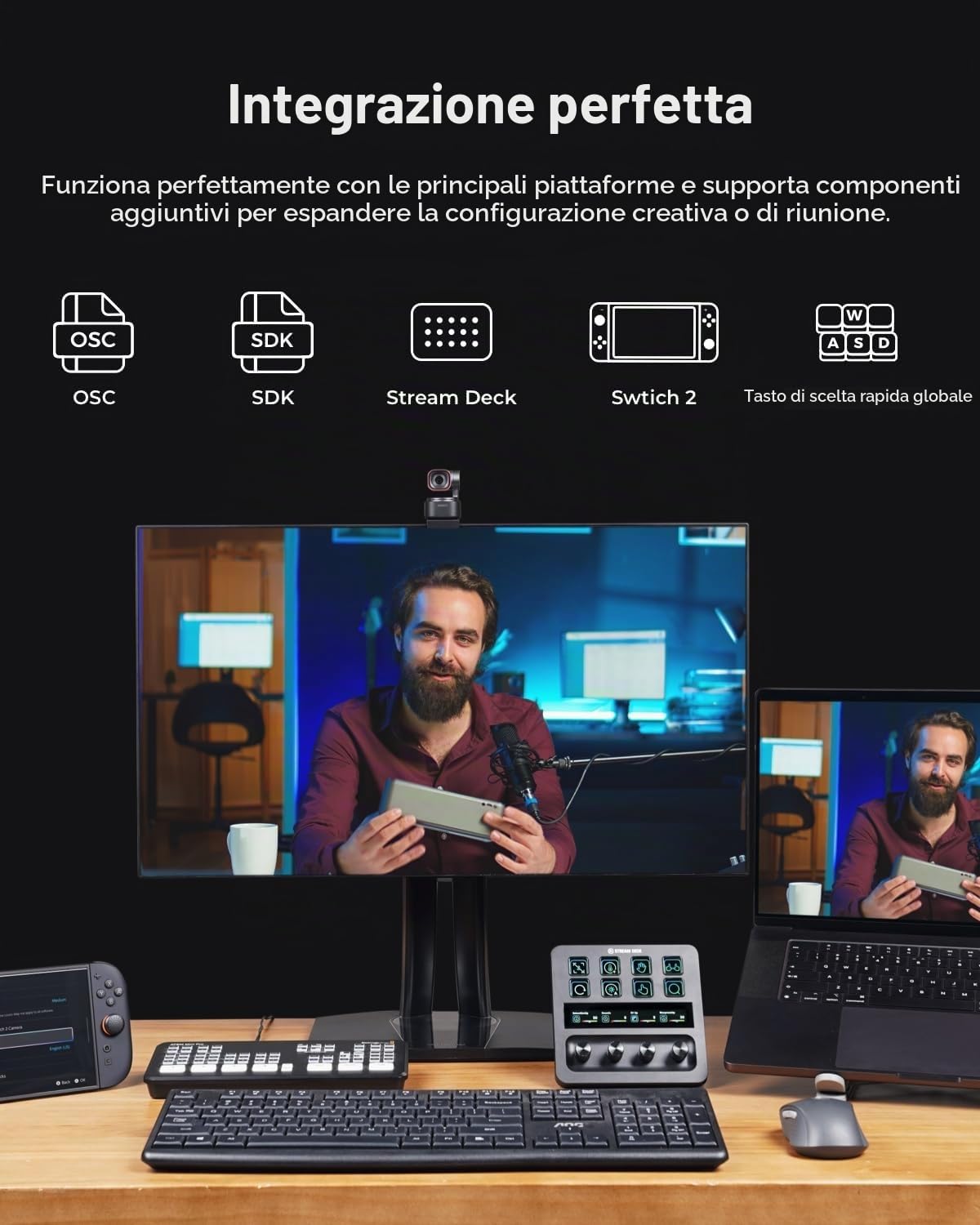 OBSBOT Tiny 3 con Treppiede, 4K PTZ Webcam con Audio Spaziale, Tri-Mic