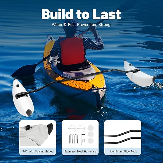 Boat Stabilizer, White PVC Inflatable Outriggers Stabilizer with Adjustable Side Wings and Locking Sleeves for Kayak, Canoe, Boat, Fishing Boat