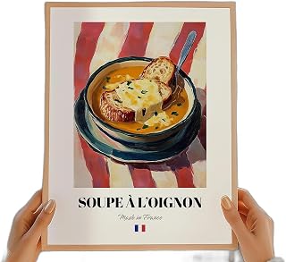 Soupe à l'oignon French food painting poster for kitchen and dining room, whimsical wall art featuring onion soup with cheese toast, cafe and restaurant decor print