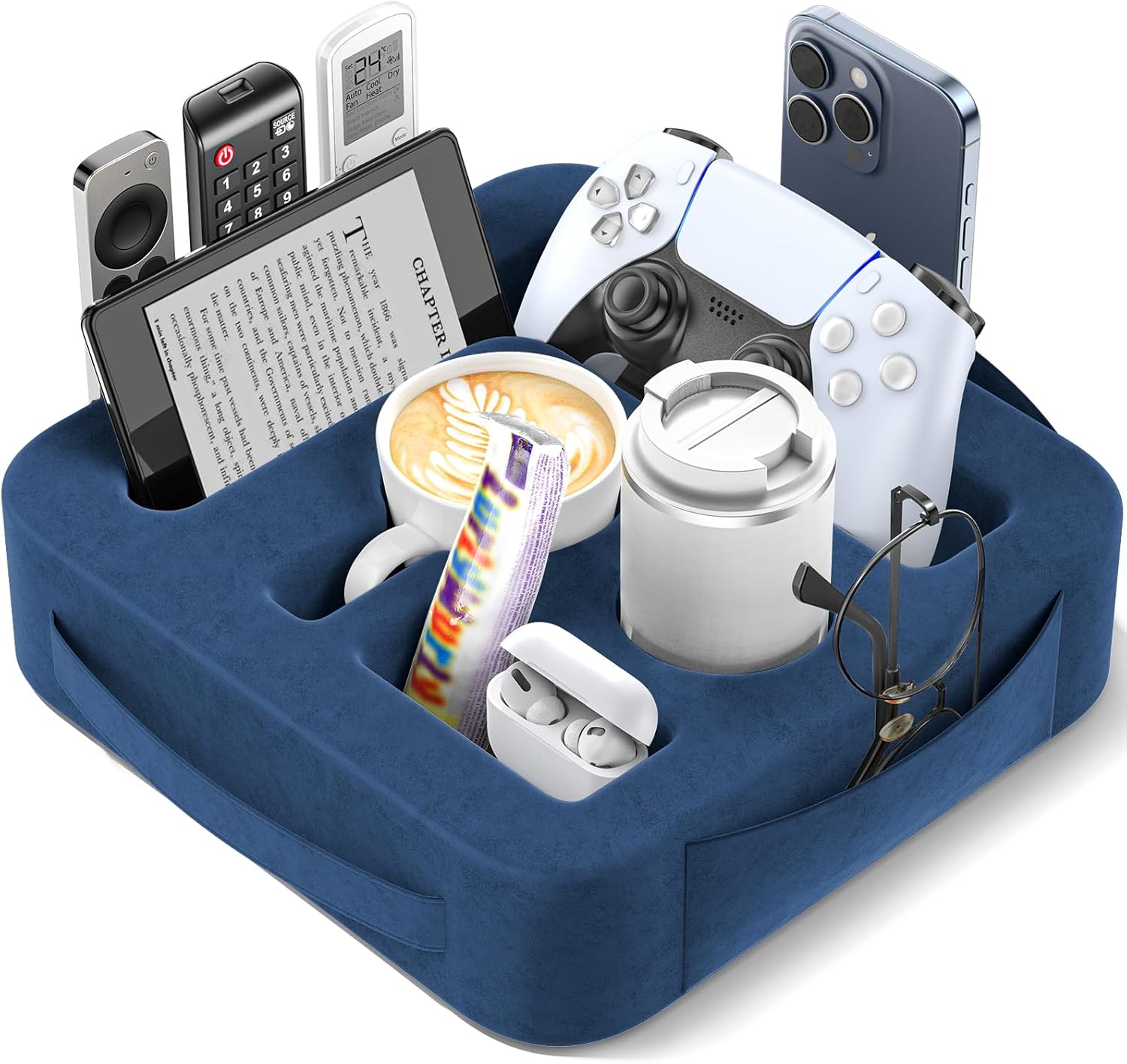 Couch Cup Holder Pillow, Sofa and Bed Caddy for iPad, Kindle, Switch, Game Controller, Remotes, Phones, Small-Sized Cup and Drink Holder for Couch, Bed, Desk, Car, Beach, Bathroom Cup Holder, Blue