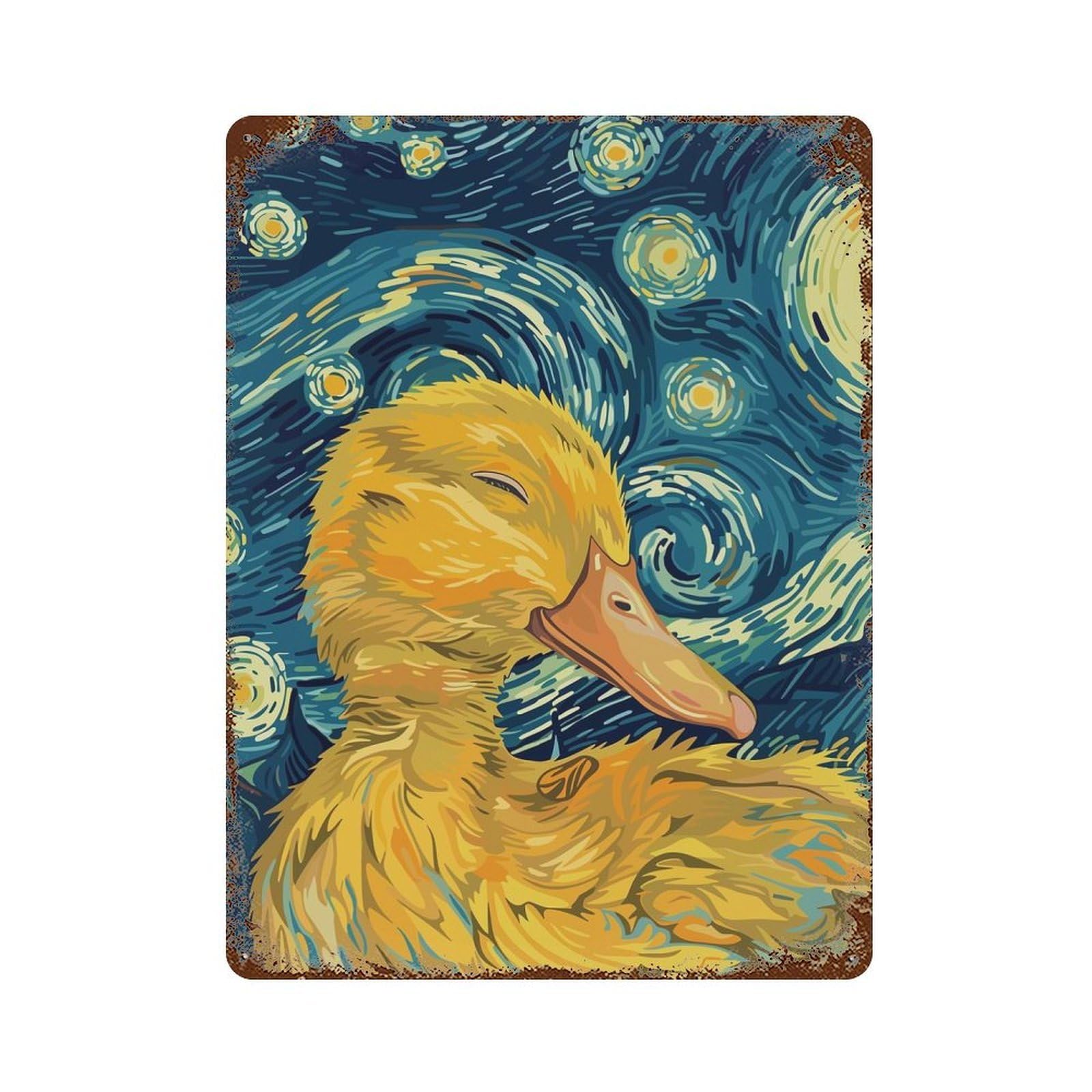 Garage Style Duckling in Starry Night Style Weathered Tin Sign 15.7"x11.8", Classic Wall Plaque for Bar And Workshop