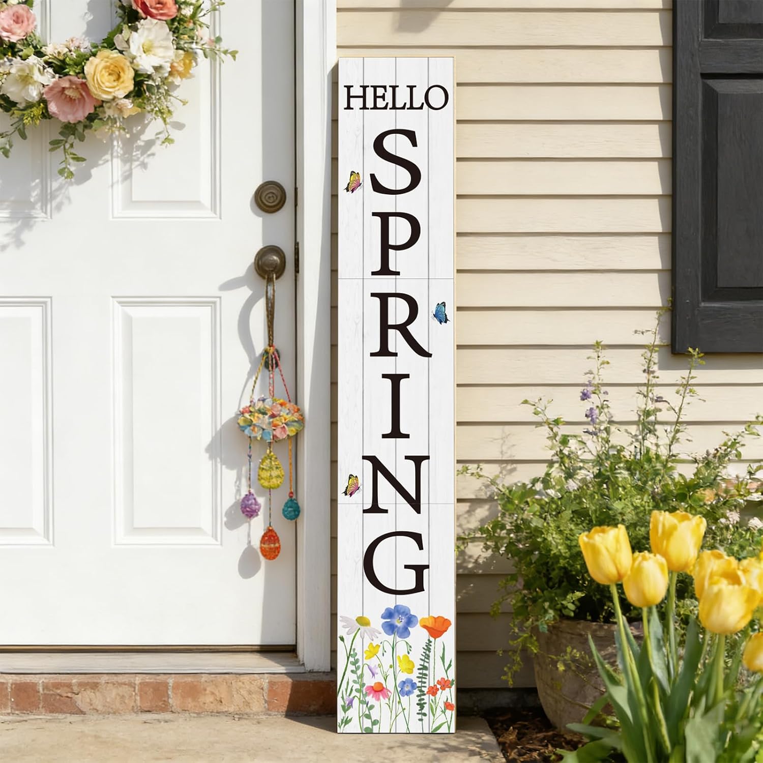 Spring Porch Decor Outdoor Decorations Wooden Door Decorations Indoor Outside Wildflowers Spring Porch Sign Rustic Welcome Sign for Front Door 46.8 Inch