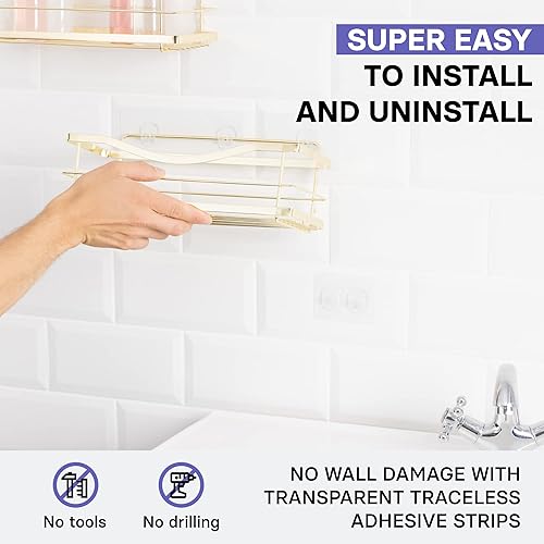 Miniatura 4 de KINCMAX Estantes de ducha de 2 unidades, organizador de ducha autoadhesivo con 4 ganchos y 2 adhesivos, estante de pared de acero inoxidable de gran