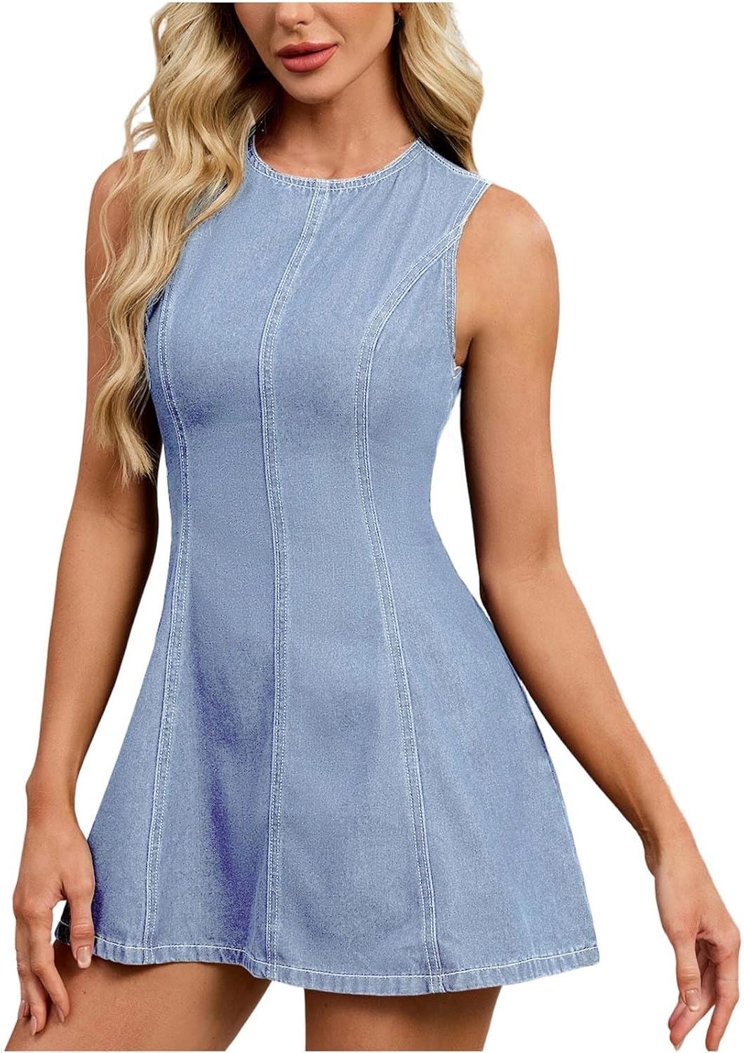 Womens Denim Dress Sleeveless Summer Casual Round Neck Backless Tie Jean Dresses Going Out Fashion Mini Soft Outfit