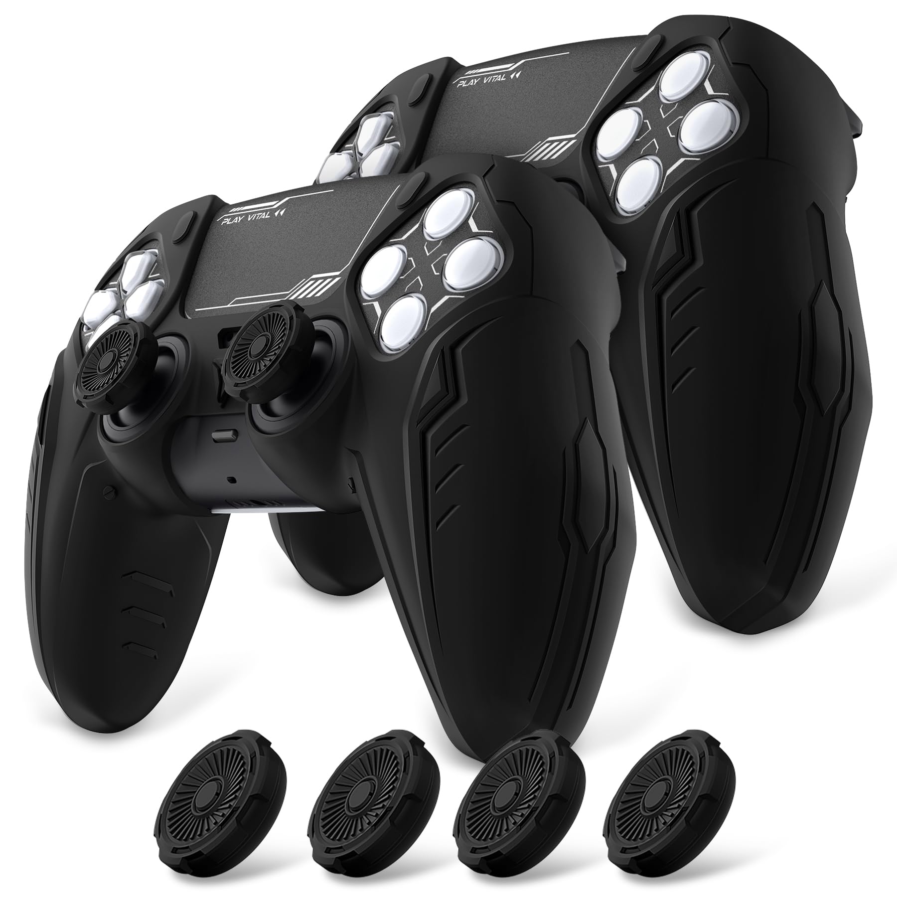 playvital pour ps5 Manette Coque Protection Accessoire avec Capuchon pour ps5 Controller Housse Silicone Cover Skin Compatible avec Station de Charge，Édition CyberMech 2 PCS-Noir