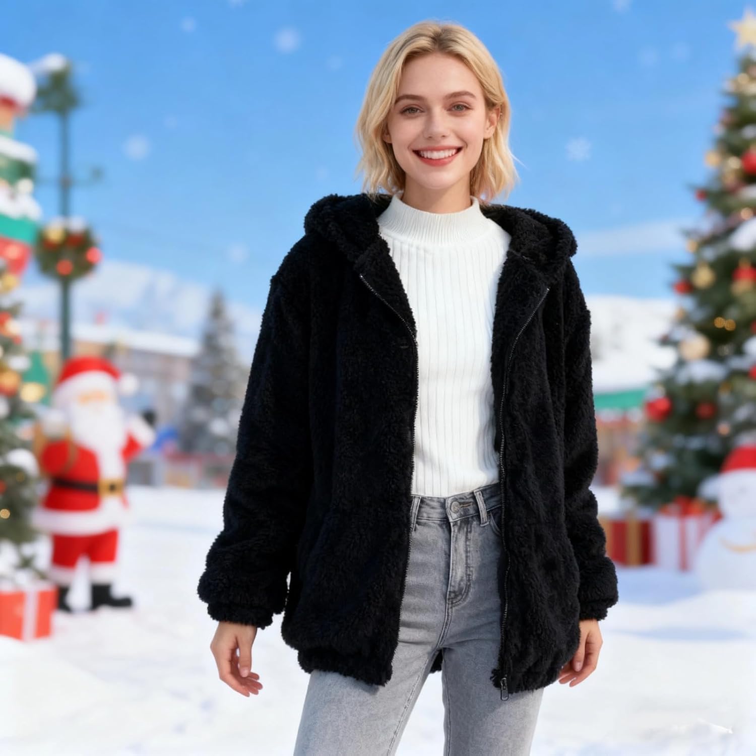 Fluffy Bear Hoodie with Ears for Women Fuzzy Bunny Ear Hoodie Kawaii Bear Sweater Jacket Warm Plush Sweatshirt - Image 2