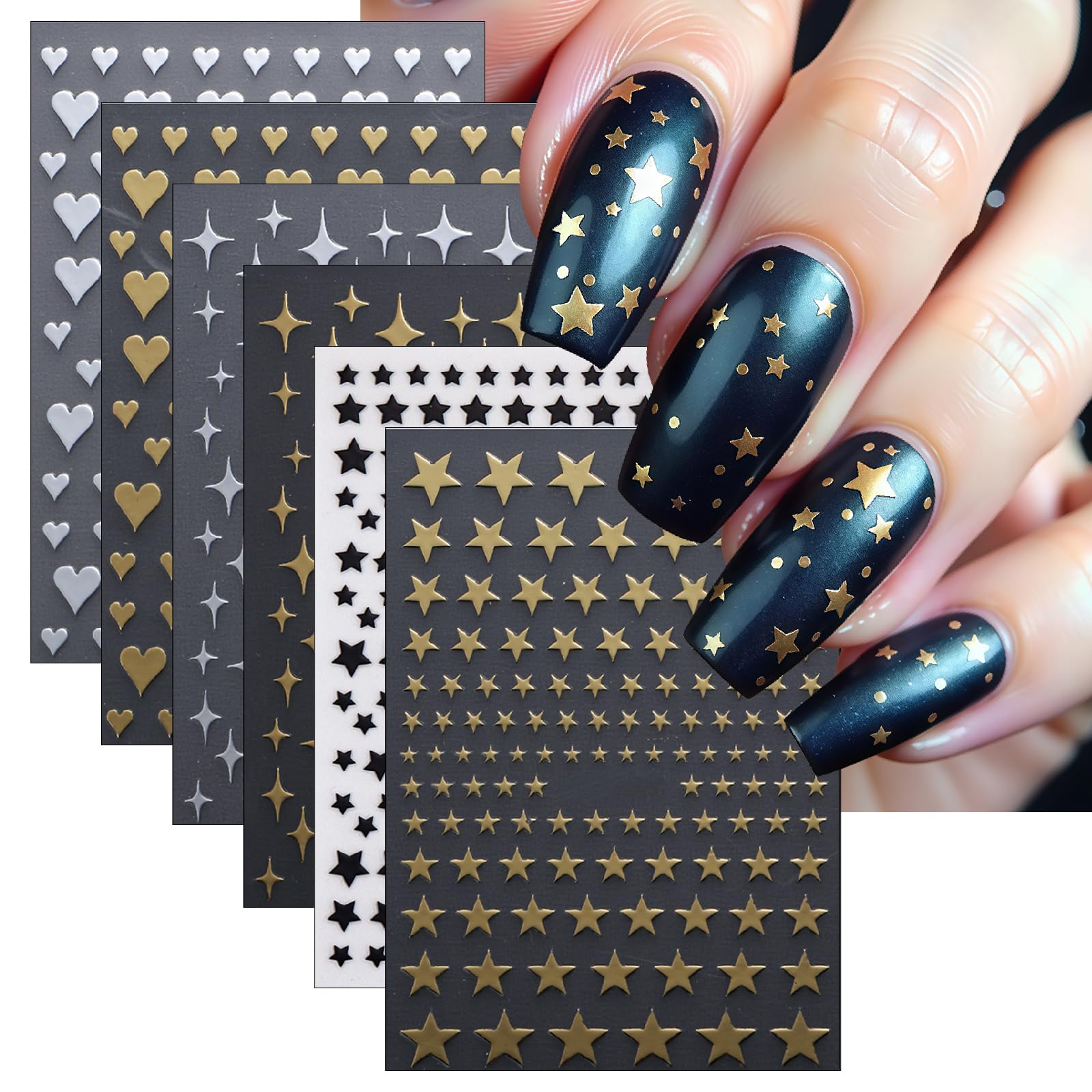 6 Sheets Heart Shaped Nail Art Stickers 3D Laser Star Shape Nail Stickers Self-Adhesive Gold and Silver Heart Shape Design Decals Four Pointed Star