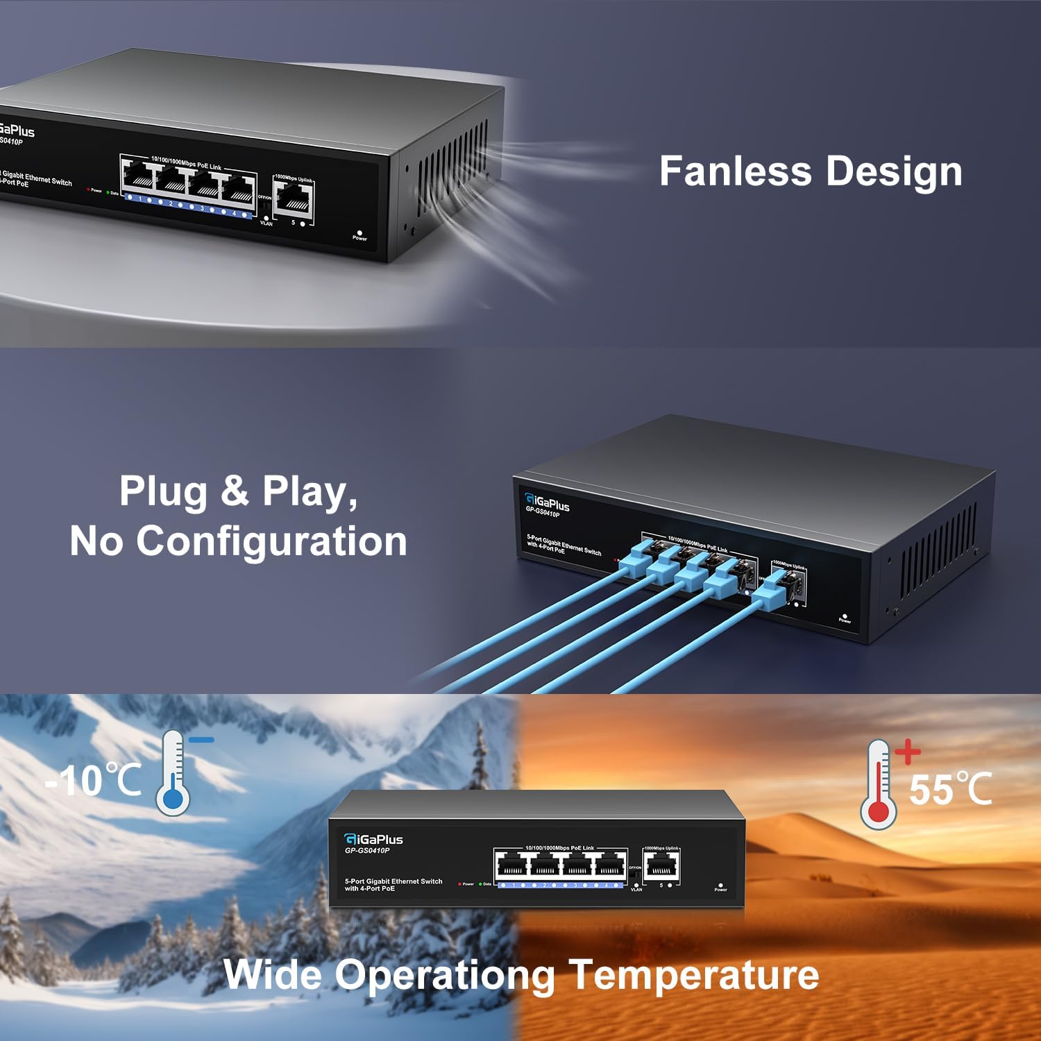 5 Port Gigabit PoE Switch with 4 Port PoE+ 1000Mbps, 1x1000Mbps Uplink, GiGaPlus 5 Port IEEE802.3af/at PoE @72W, Support VLAN, Metal Housing, Desktop or Wall-Mount, Plug & Play