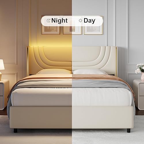 Miniatura 6 de Marco de cama tamaño Queen con luces LED, plataforma tapizada de piel sintética con cabecera de ala plateada, estilo moderno, no necesita somier,