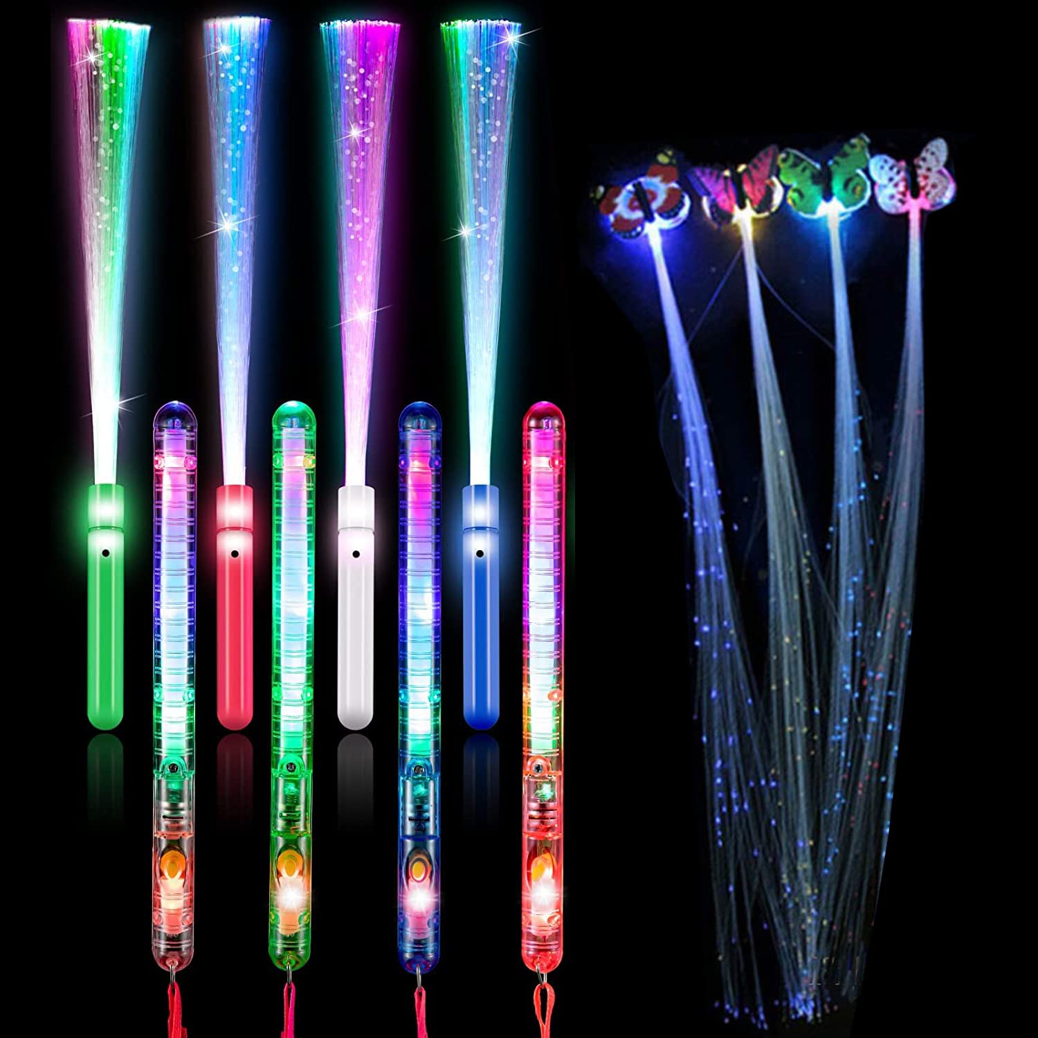IS MUHE 12pcs Colorful Glow Sticks, Glow in the Dark Party Supplies Include 4 Fiber Optic Glow Sticks, 4 LED Glow Sticks Glow Sticks and 4 Glow Braids for Party, Gathering