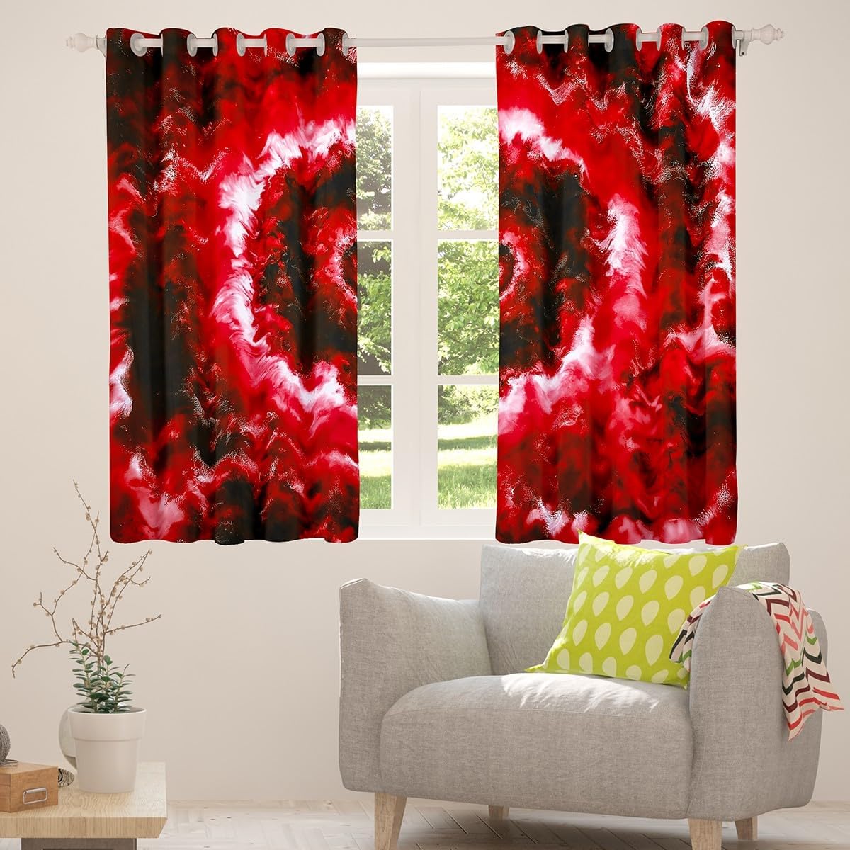 Castle Fairy Red Tie Dye Window Curtains Gradient Swirl Geometric Darkening Blackout Curtains Retro Boho Rustic Window Treatments Hippie Style Artistic Grommet Top 2 Panel Set Drapes,52Wx63L
