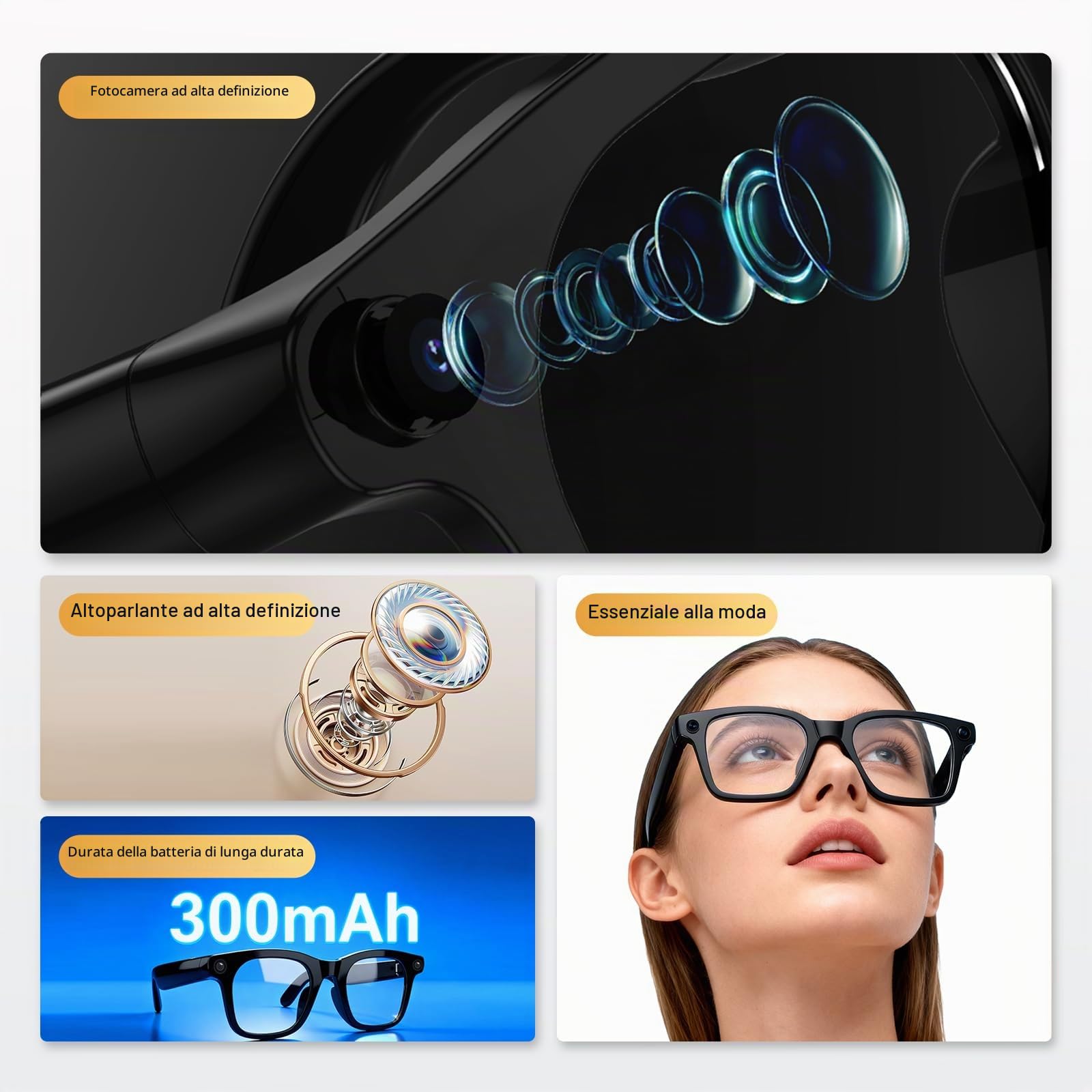 GLV-024P Occhiali Smart con Fotocamera 12MP e Video Full HD 1080P, Occhiali Intelligenti con AI, Comando Vocale, Audio Bluetooth, Stabilizzazione 6 Assi, WiFi 5GHz, Ideali per Vlog e Sport, 32GB