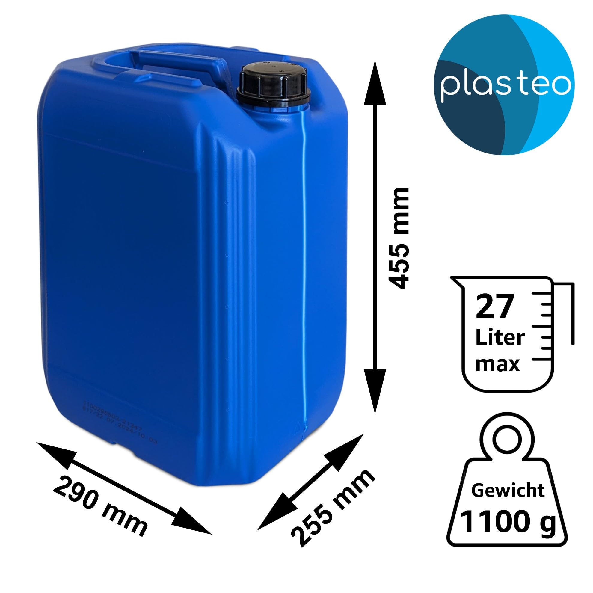 plasteo 25 Liter Getränke Wasserkanister mit 1 Hahn und Schraubdeckeln (DIN 61), Blau