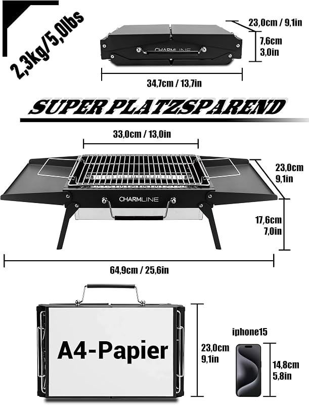Charmline 34x23cm Hordozható Széngrillezés Kemping Grill Kert Strand Piknik