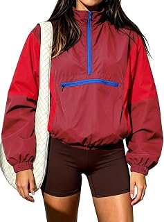 Fisoew Womens Windbreaker Jackets Quarter Zip Lightweight Fall Pullover Top | Vintage Color Block, Stand Collar, Half Zip, Y2K Casual Oversized, Trench Coat with Pocket, Workout Hiking, Outdoor, Raincoat