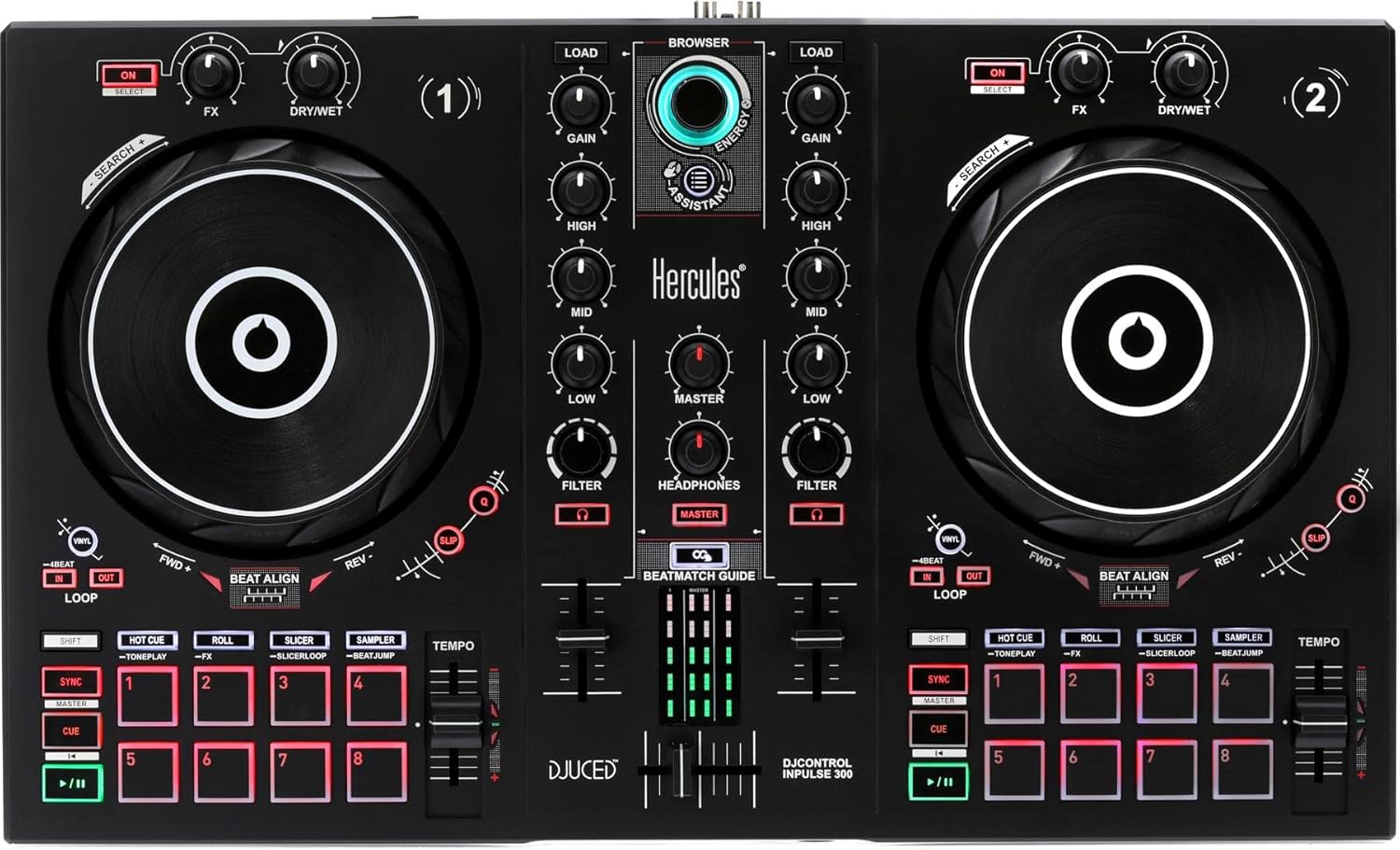 Hercules DJ Control Inpulse 300 | 2 Channel USB Controller, with Beatmatch Guide, DJ Academy and Full DJ Software DJUCED Included