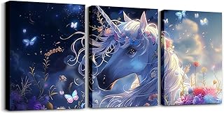 Unicorn Canvas Wall Artwork Decor,Glitter Starry Sky Daisy Flowers Rusti...