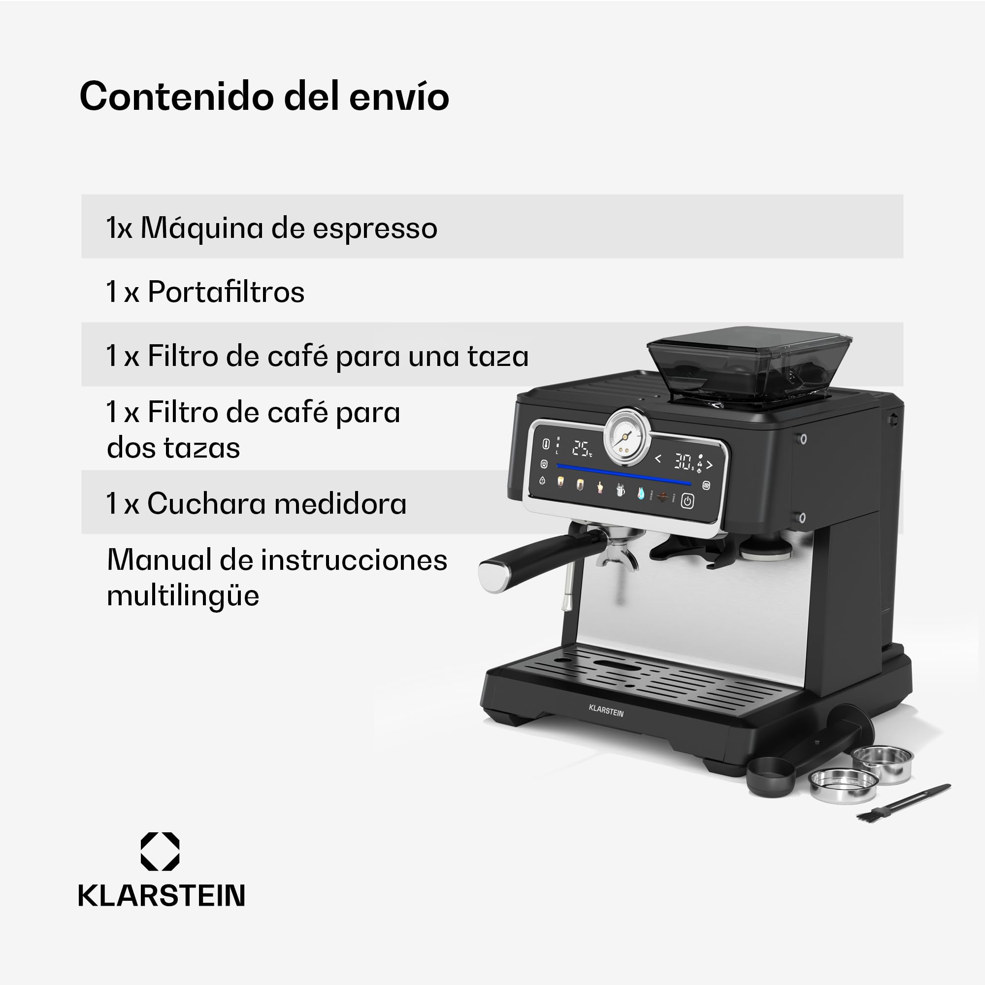 Klarstein GrandPresso Touch Cafetera Exprés 20 Bares - Pantalla Táctil, Molinillo Integrado, 2,3L, Boquilla de Vapor, Acero Inoxidable, Negra, Cafetera Espresso